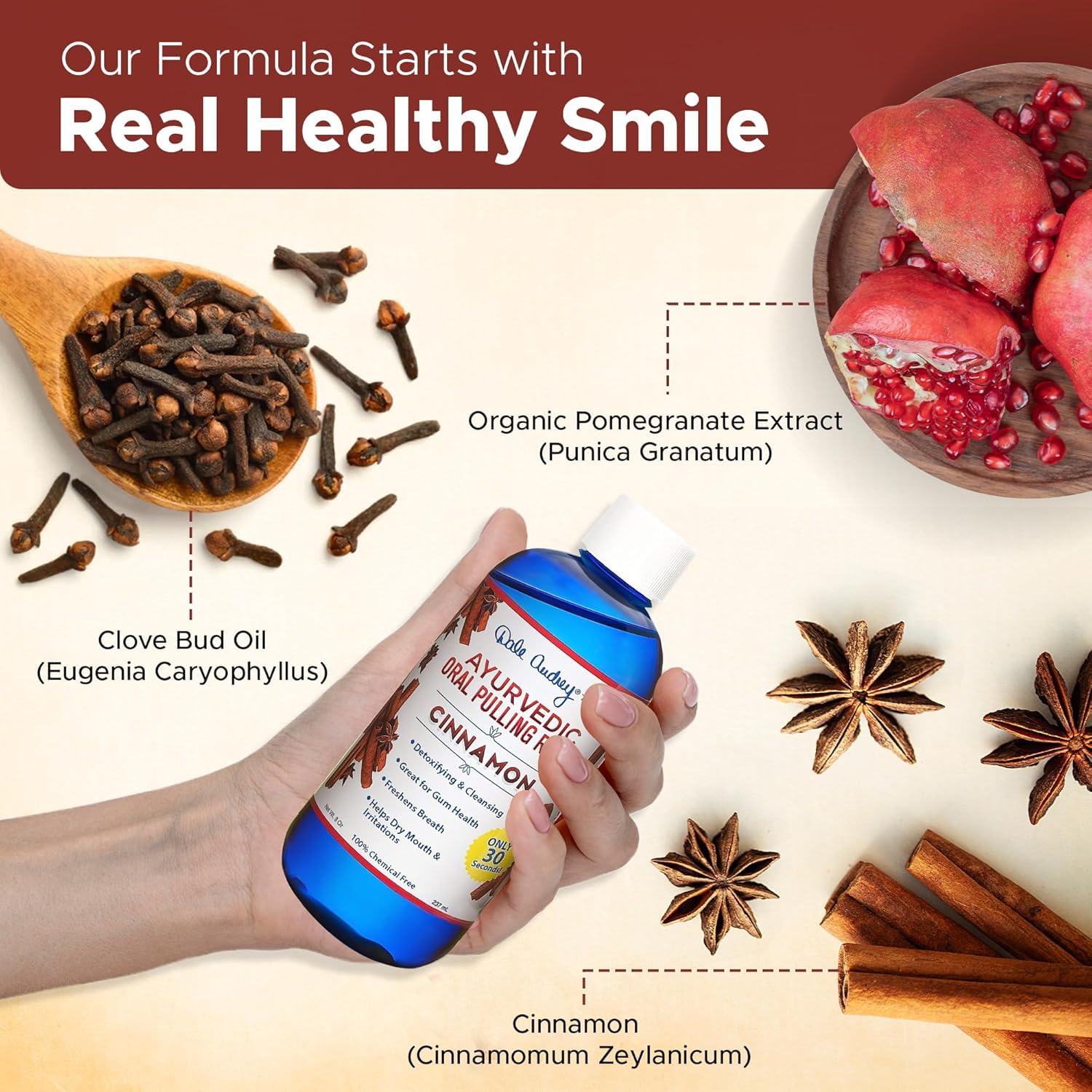 Ayurvedic Oral Pulling Rinse By Dale Audrey, Cinnamon ,With Neem, Myrrh, Clove & Oil of Oregano. 8oz (1.5 Month-1tsp) Natural & Organic by Oral Fitness Inc.