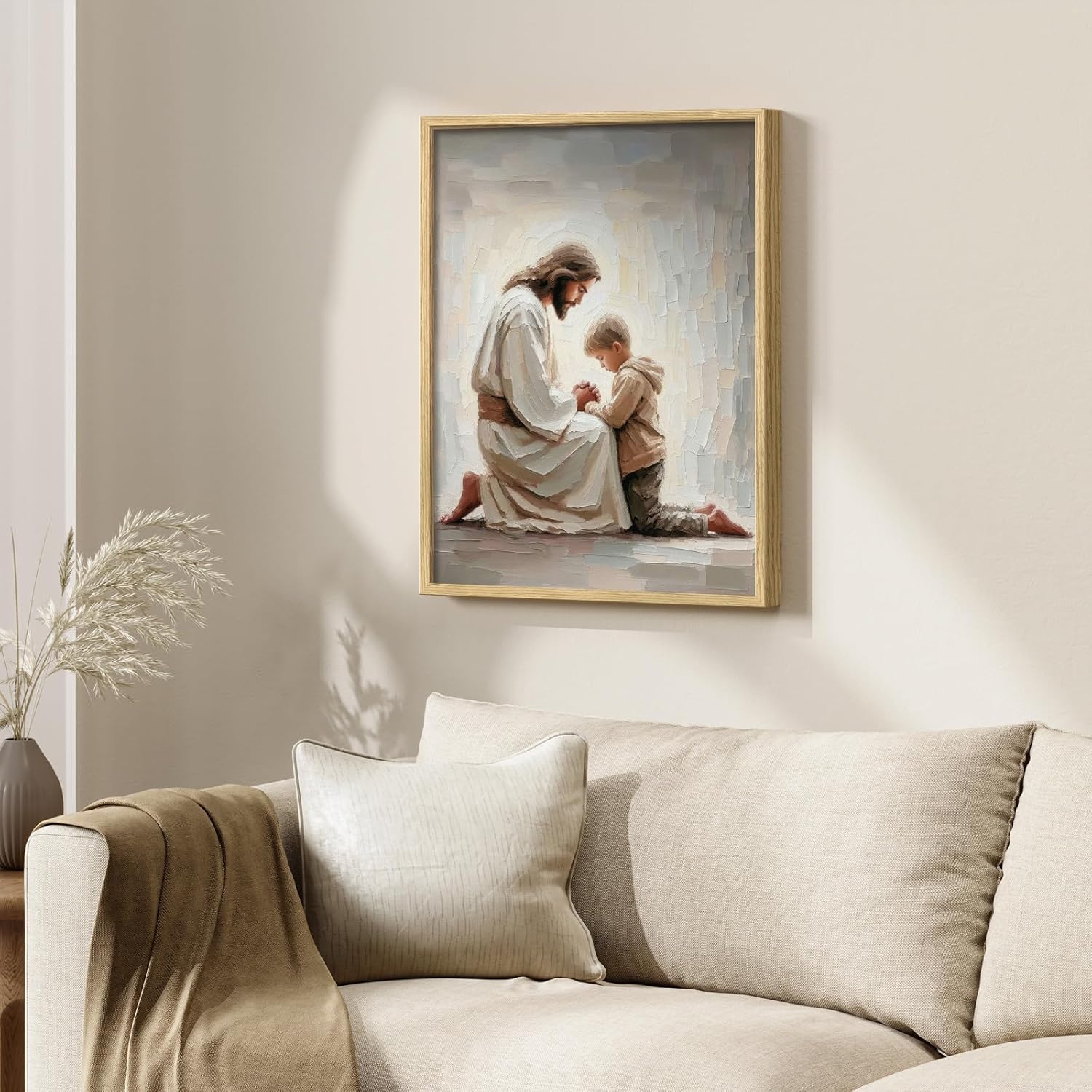 Framed Christian Wall Art, Jesus and Little Boy Praying Canvas Print, Inspirational Religious Artwork for Kids Room Nursery Prayer Room, 12x16 Inch