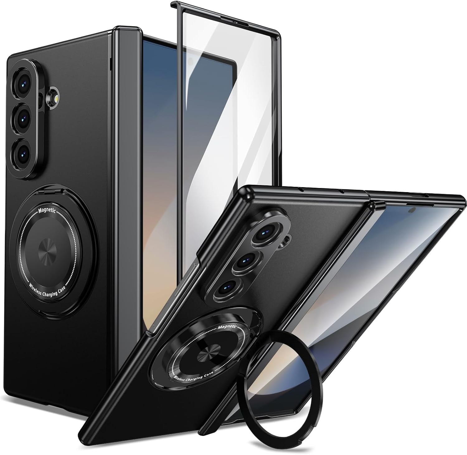 for Samsung Galaxy Z Fold 7 Case with Magnetic Ring Holder, 360 Rotating Bracket, Hinge Protection and Built-in Front Screen Protector, Slim Anti-Drop Shockproof Case.-Black