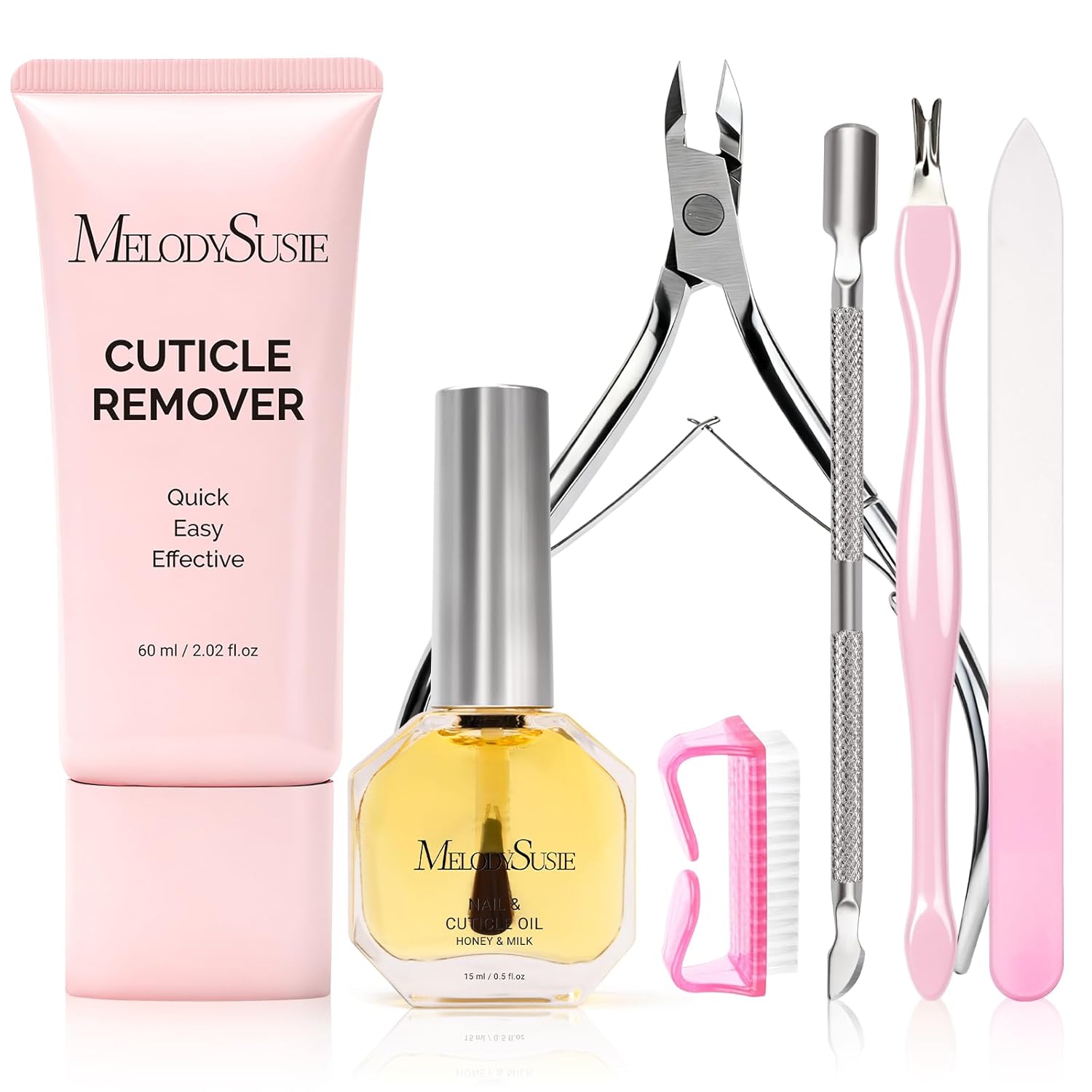 MelodySusie Cuticle Remover Kit 60g Cuticle Remover Cream 15ML Cuticle Oil Cuticle Nipper Trimmer Pusher Nail File and