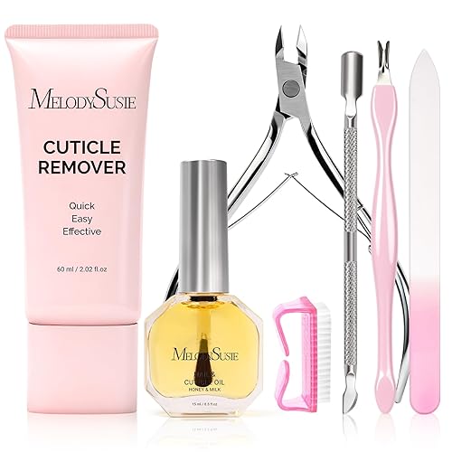 MelodySusie Kit removedor de cutículas, 2.12 oz de crema removedor de cutículas, 0.5 onzas líquidas, aceite de cutícula, empujador de recortador de