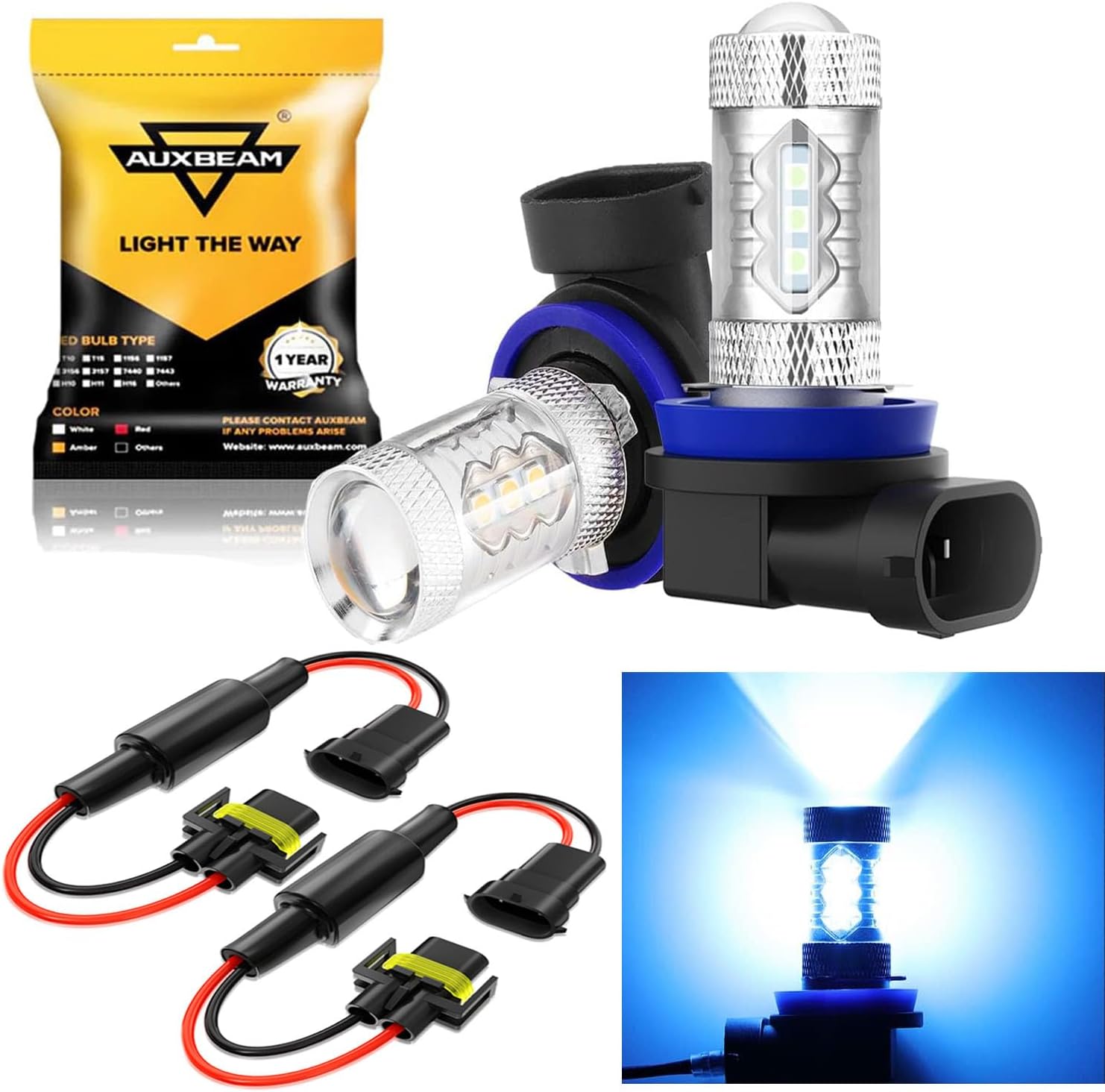 Auxbeam H11/H8/H9 LED Fog Light Bulbs 8000K Ice Blue + C15