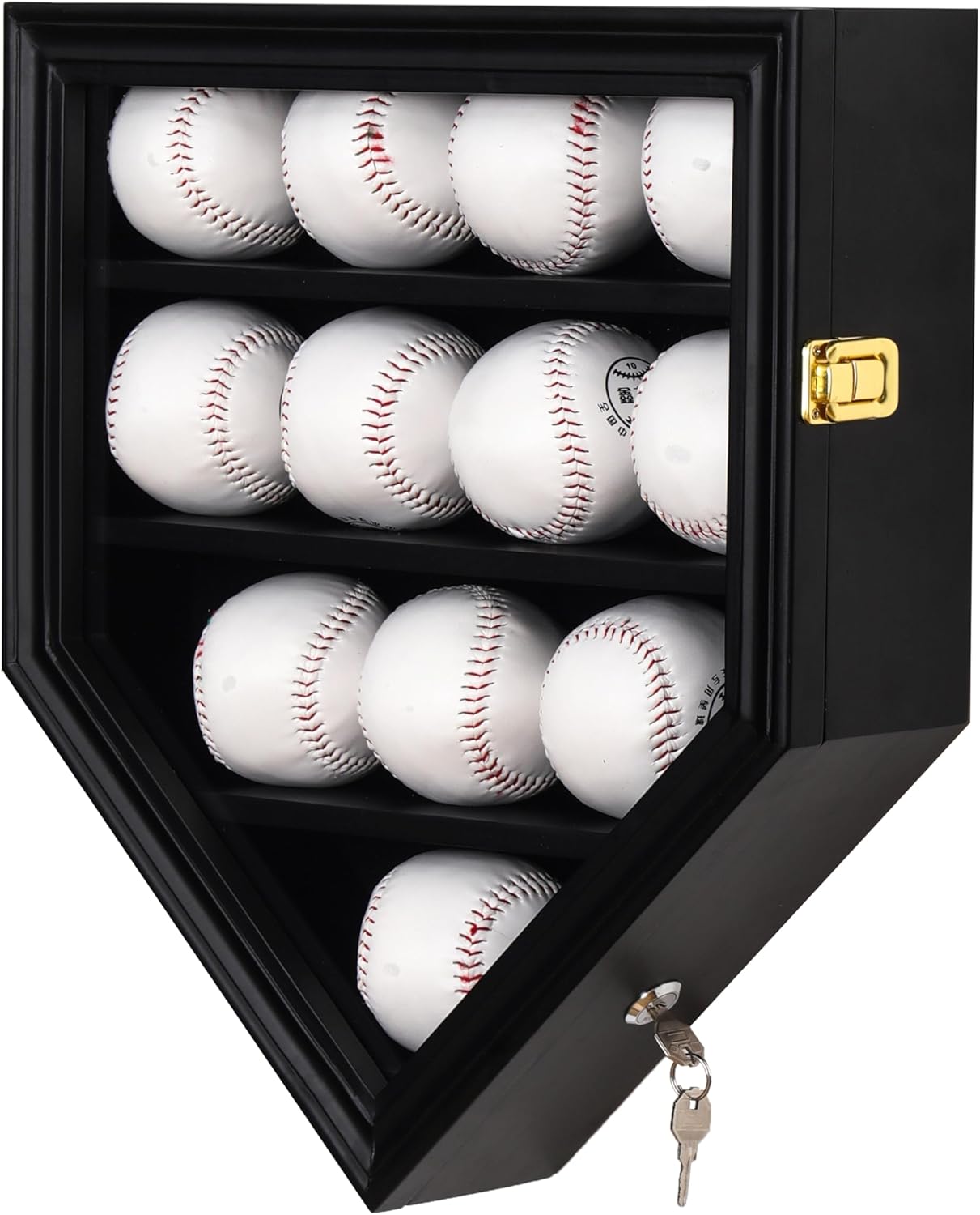 Baseball Display Case, 12 Solid Wood Baseball Display Holder, Large Capacity and Double Lock Wall Mount Baseball Shadow Box Display Rack with Anti Fade Acrylic Glass Door (Black-S)