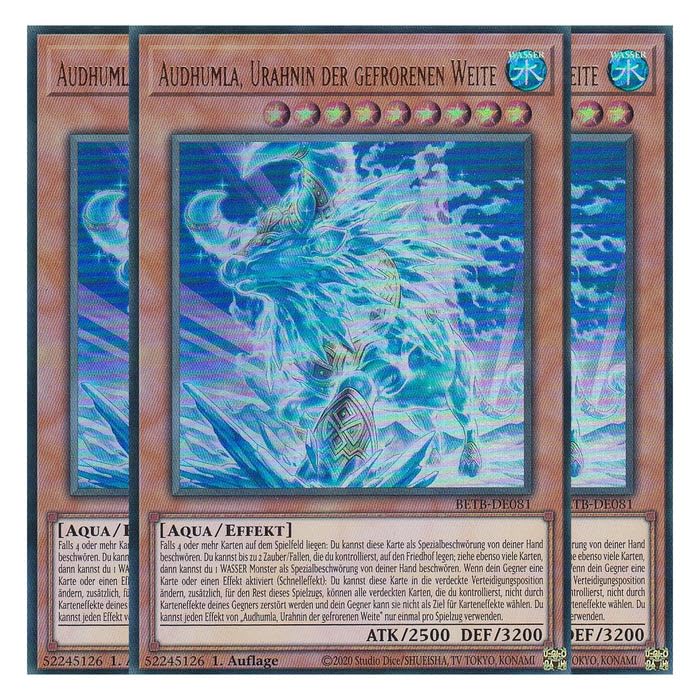 BETB-DE081 - Audhumla, Urahnin der gefrorenen Weite - Ultra Rare - Deutsch - 1. Auflage - Beyond the Brave - Playset (3 Kopien) - Yu-Gi-Oh!-mit LMS Trading Fieldcenter Karte