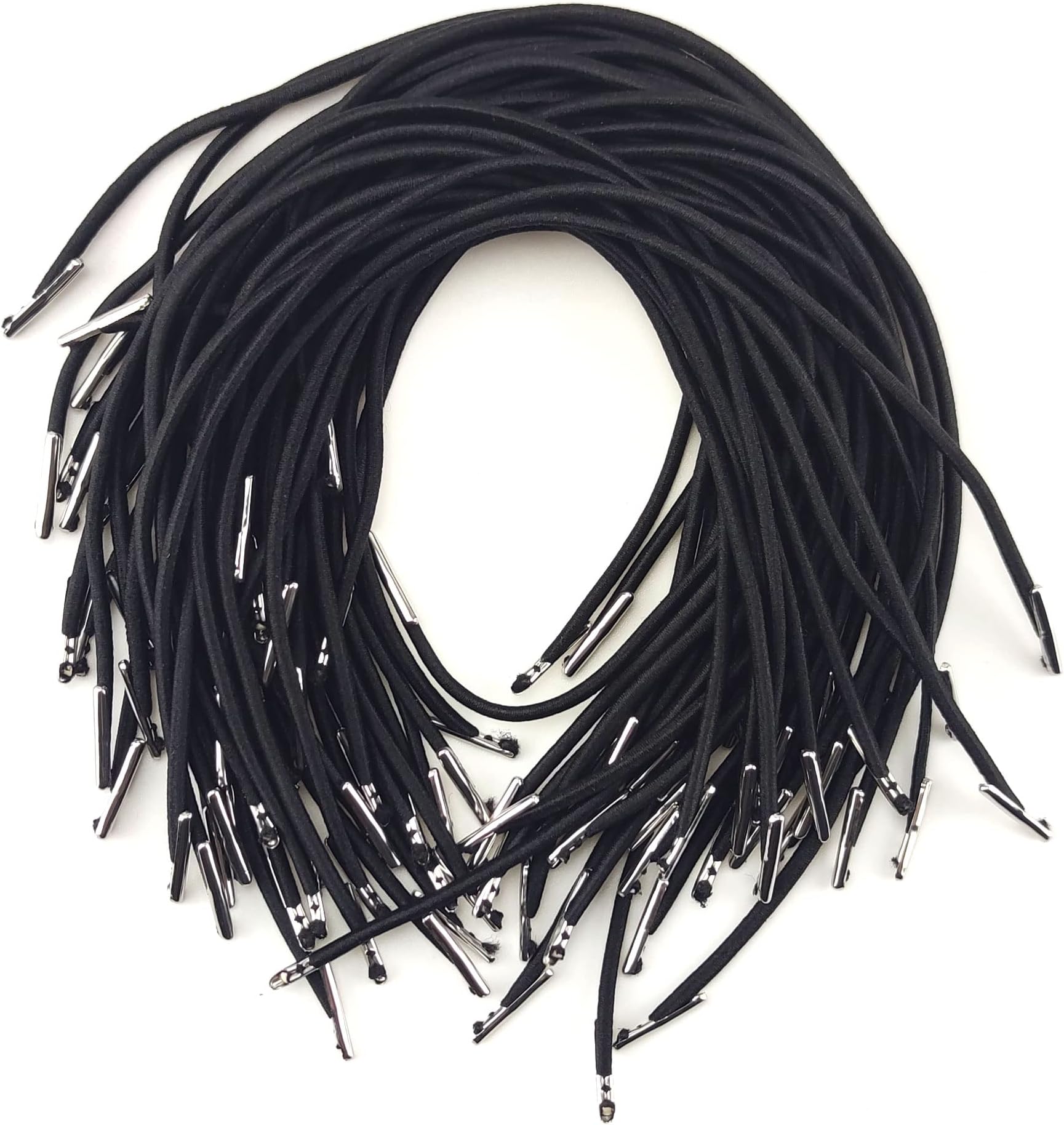 50 Pcs Black Elastic Barbed Cord 25cm 9.8 inch Stretch Loop Band String with Metal Ends for Hats, DIY Signs and Badges