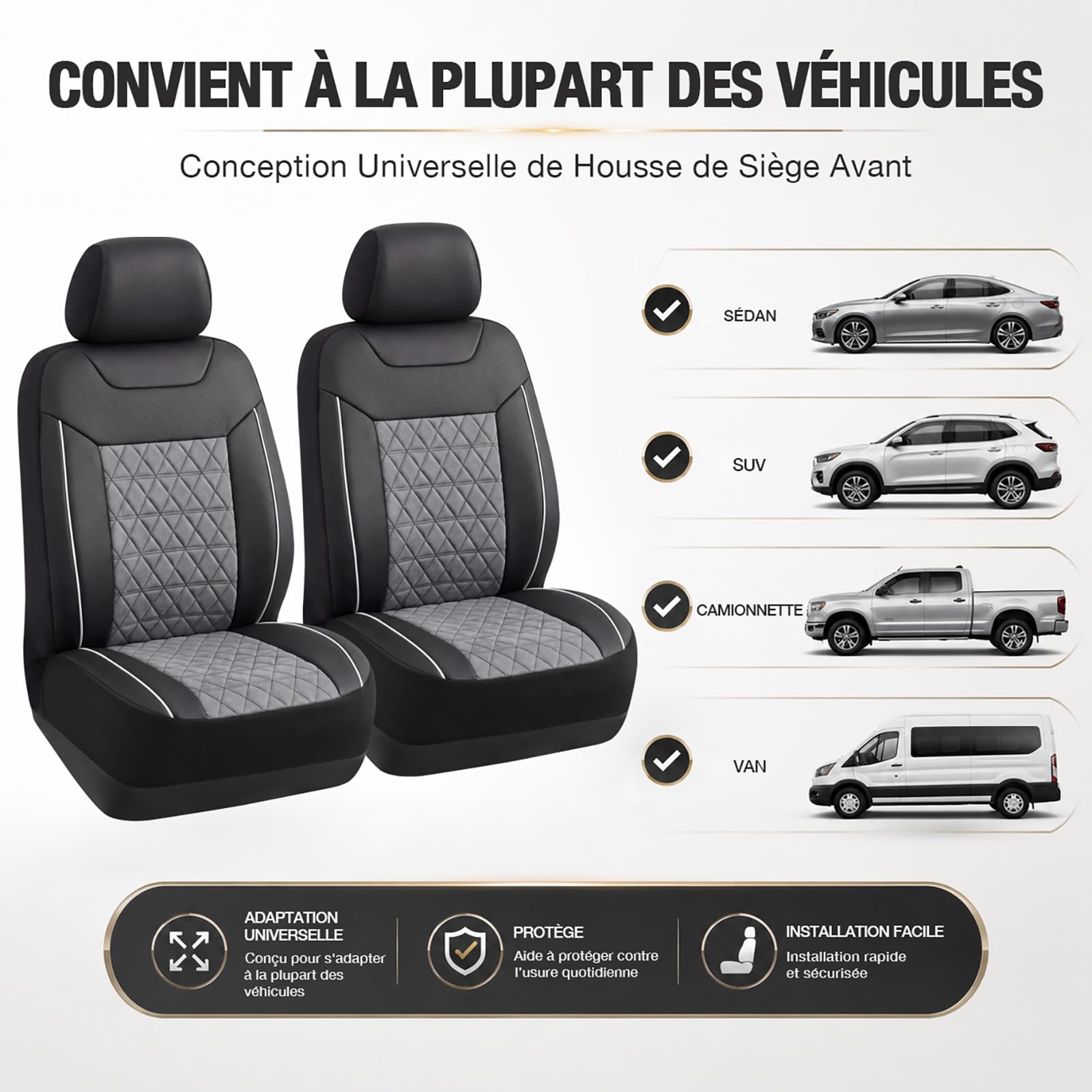 TOYOUN Housse Siege Voiture Universel Avant Tissu et Similicuir Doux Gris | Compatible airbags,Anti-usure anti-rayures protection sièges,Tissu perforé respirant,Dos antidérapant à picots