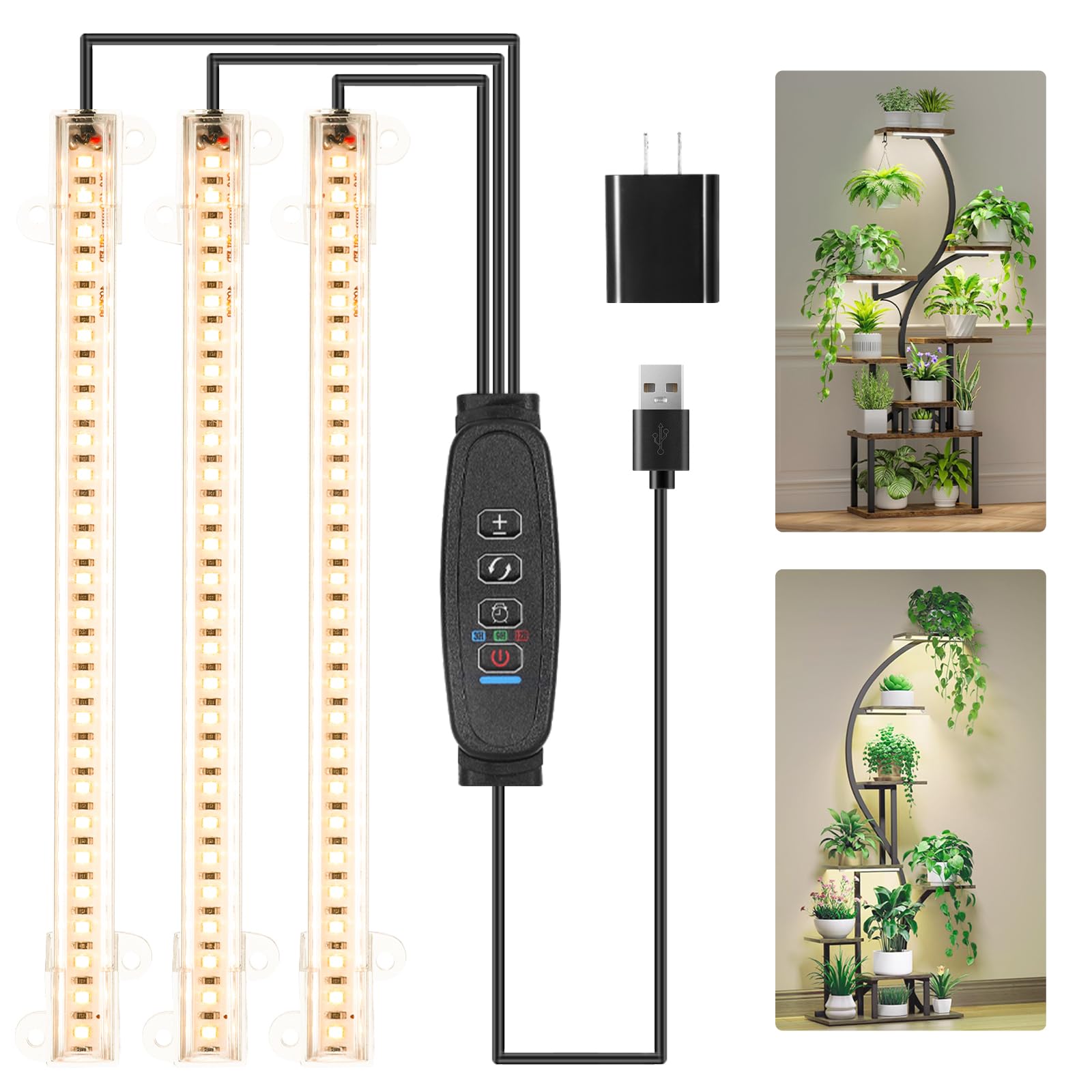 Rwntao Black Led Grow Light Strips, Grow Lights For Indoor Plants Full Spectrum 3000K, 78 Leds Plant Light With 3/9/12H Timer, 10 Dimmable Levels For Seedling Succulent And Plant Shelf, 3 Head 8.6 Inches
