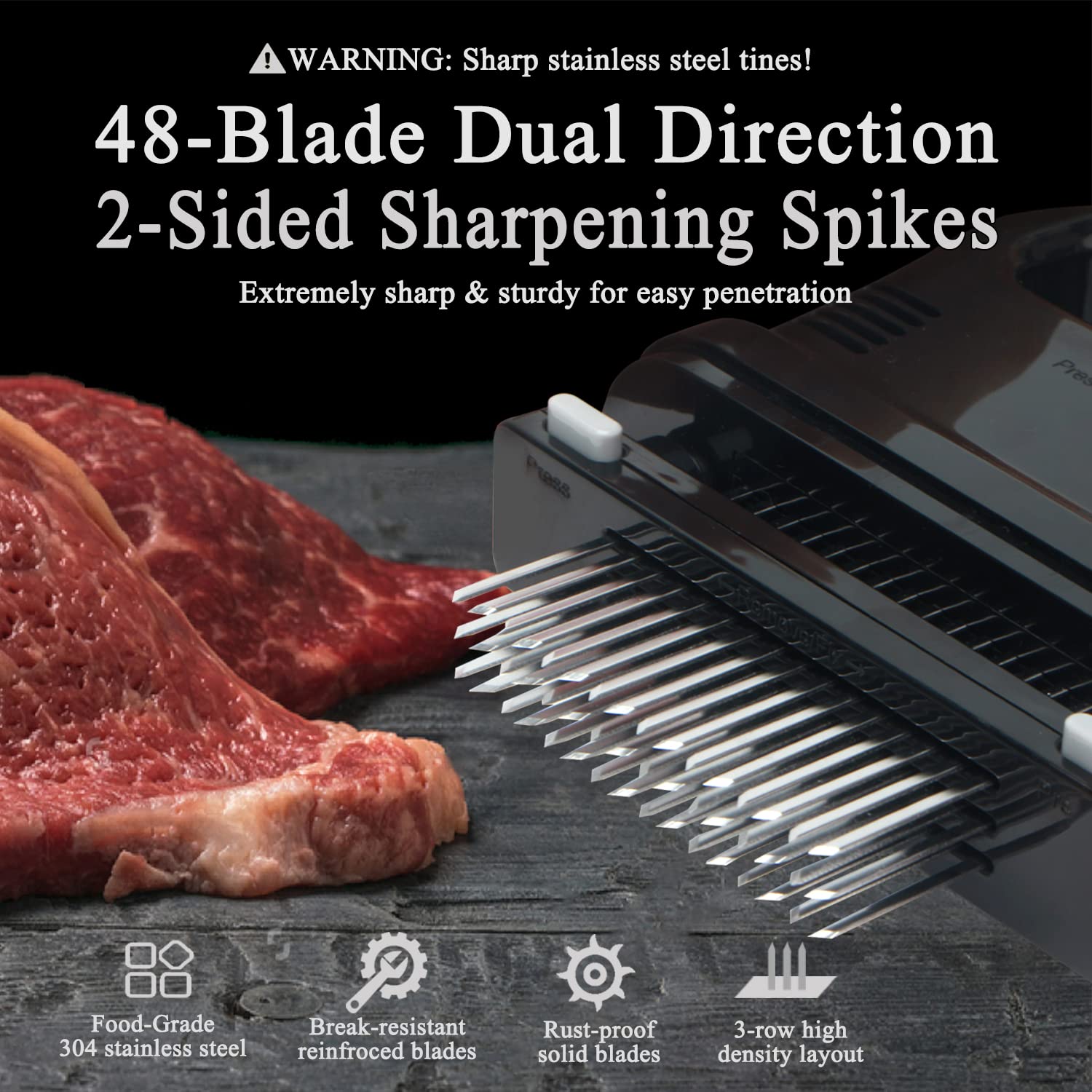 Attendrisseur à Viande 48 Lames – Acier Inoxydable, Manche Antidérapant | Pour Steak, Poulet, Porc, Bœuf - 6