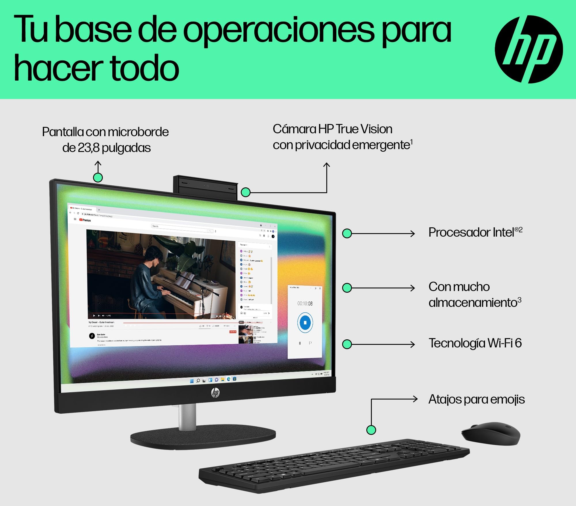 HP All-in-One 24-cr0101ns Computer desktop 23,8" FHD Intel Core i3-N300 8 GB RAM 512 GB SSD Intel UHD Graphics Windows Black Tastiera QWERTY spagnola