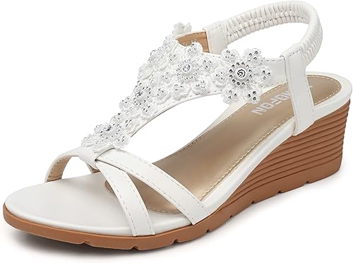 TEMOFON Sandalias de tacón bajo de cuña para mujer, sandalias de plataforma elegantes de verano, correa elástica en el tobillo y puntera abierta,