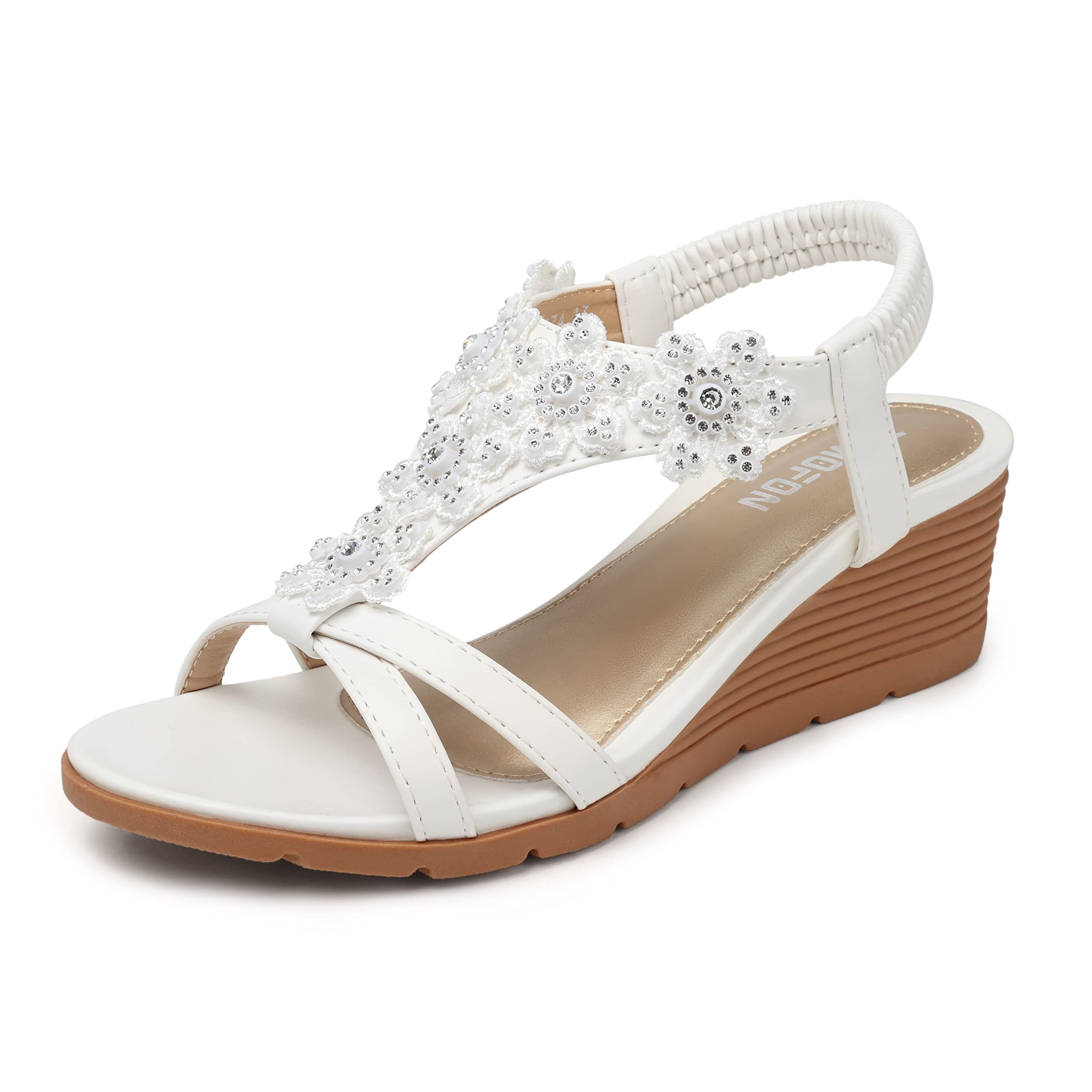 TEMOFON Women's Low Wedge Heels Summer Dressy Platform Sandals Elastic Ankle Strap Open Toe Flower Shoes