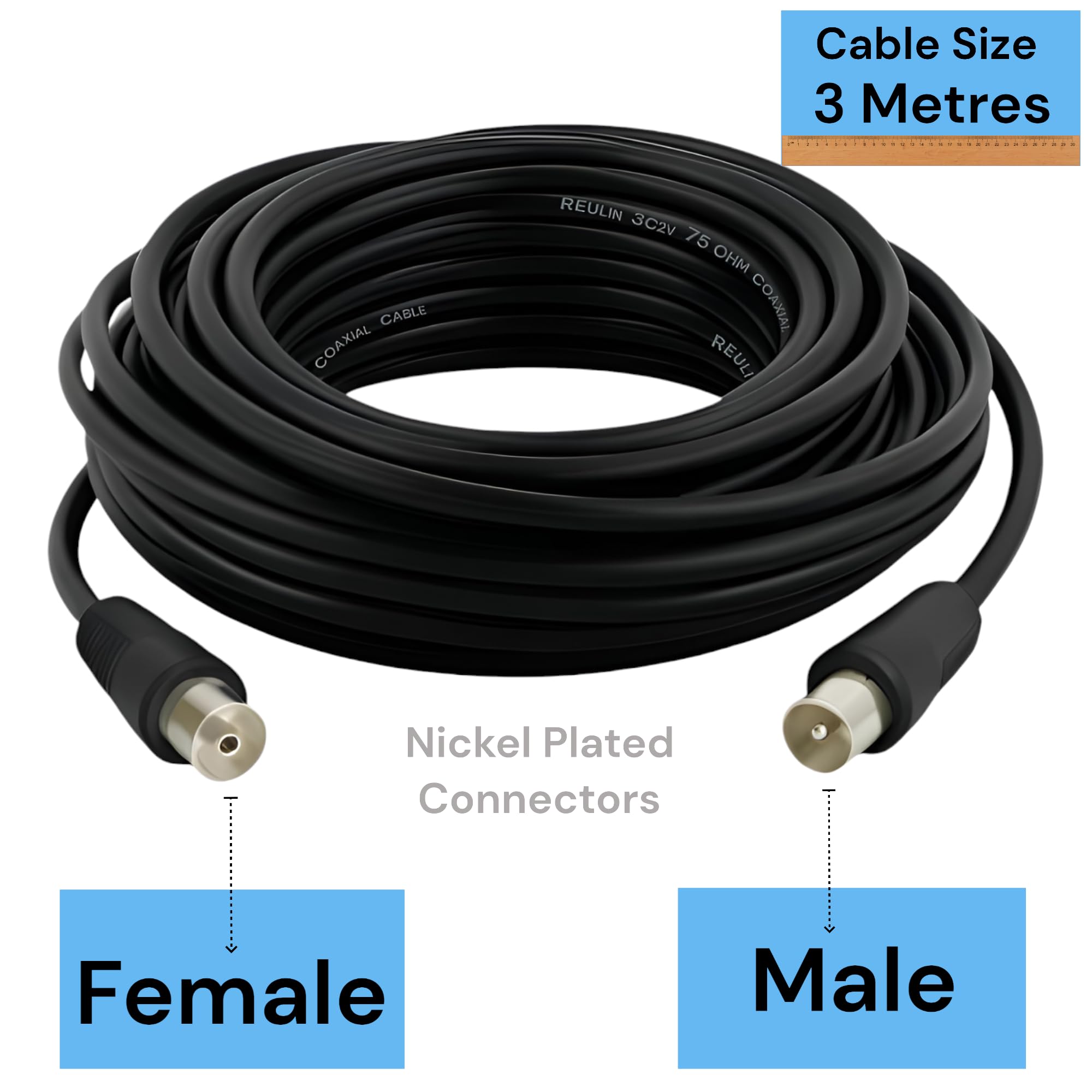 Reulin 3 Metres Long TV Aerial Extension Cable 3M, Male to Female Antenna Coaxial Wire 3 M - Image 2