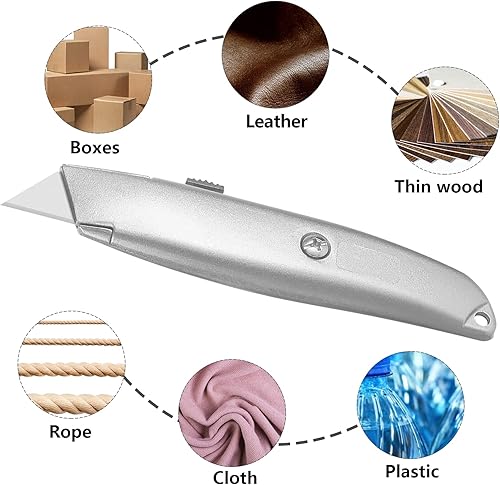 Miniatura 3 de DIYSELF Paquete de 2 cortadores retráctiles con 10 hojas de cuchillo utilitario, cuchillas afiladas de acero SK5, cortadores de caja para cartón,