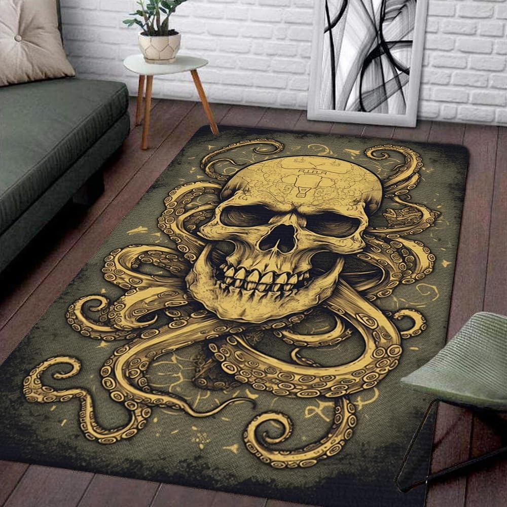 Vintage Skull Octopus Outdoor Rug - Customized Bat Pattern, Soft Non-Shedding, Perfect for Home or Bathroom Decor