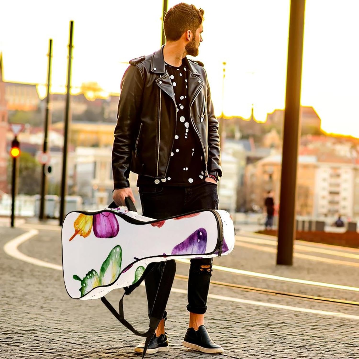 40 41 42 Inch Acoustic Guitar Bag, 0.4 In Thick Sponge Padded Guitar Case Gig Bag with Back Hanger Loop and 2 Pockets, Purple Pink Yellow and Green Butterflies