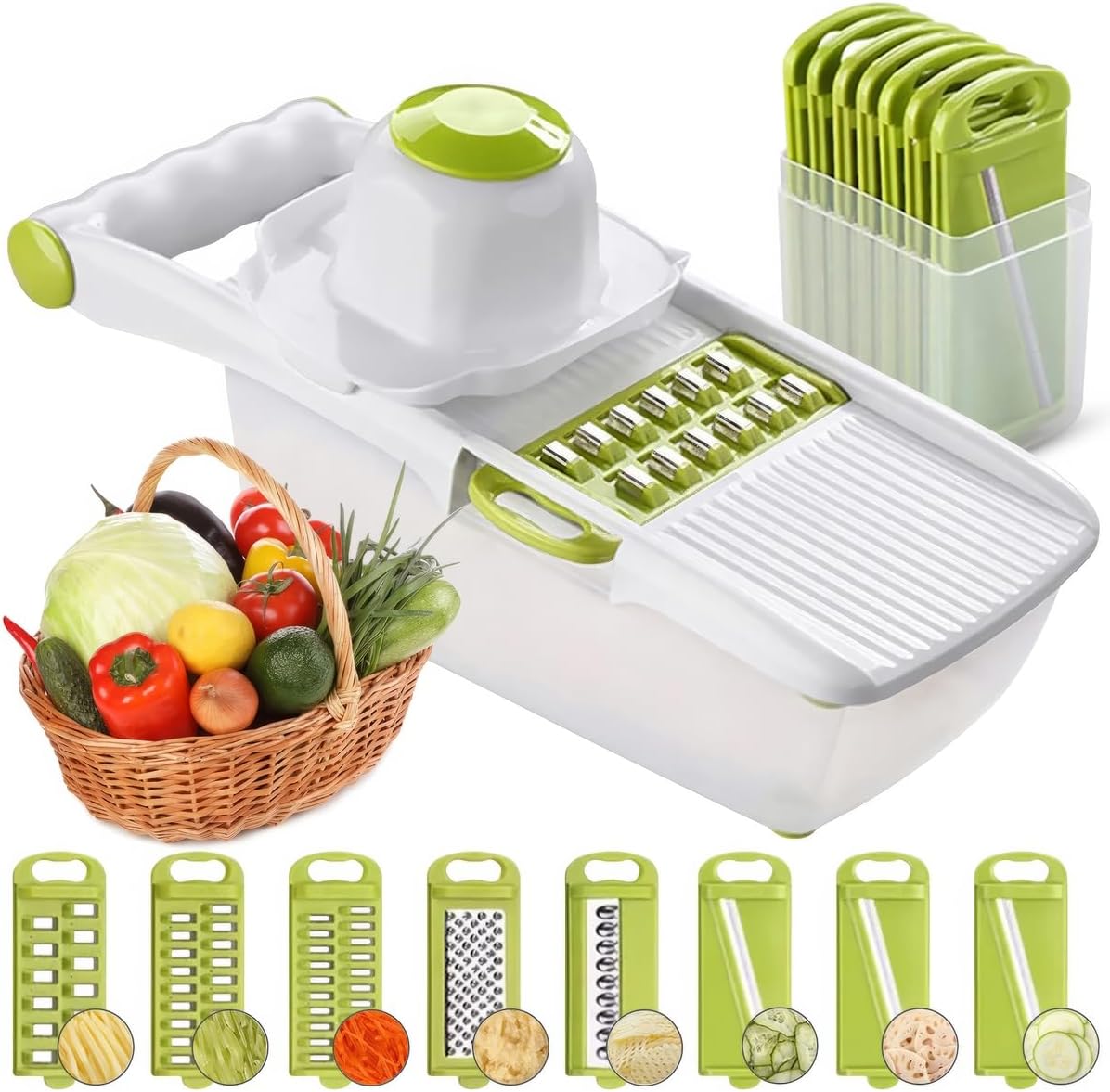 ADOV All in 1 Mandoline Slicer, Fruit and Vegetable Slicer, Multi Function Veg Cutter, Interchangeable Stainless Steel with Food Container, Hand Protector, Julienne Slice for Potato Onion (Lime)
