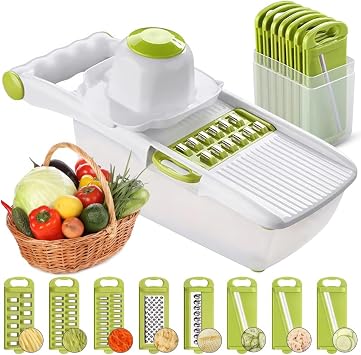 ADOV All in 1 Mandoline Slicer, Fruit and Vegetable Slicer, Multi Function Veg Cutter, Interchangeable Stainless Steel with Food Container, Hand Protector, Julienne Slice for Potato Onion Lime