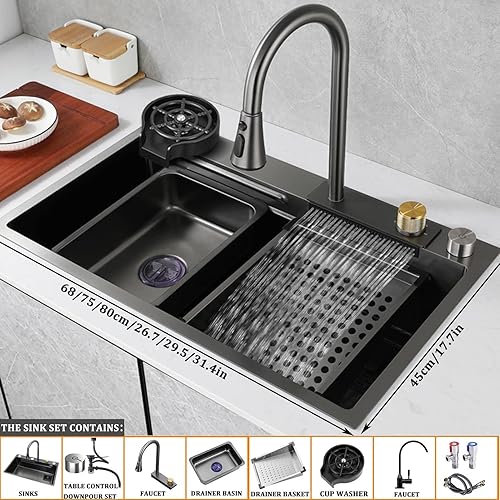 Miniatura 2 de Fregadero de cocina nano negro de acero inoxidable 304, fregadero de cascada multiusos con grifo y montaje de drenaje, montaje empotrado o debajo