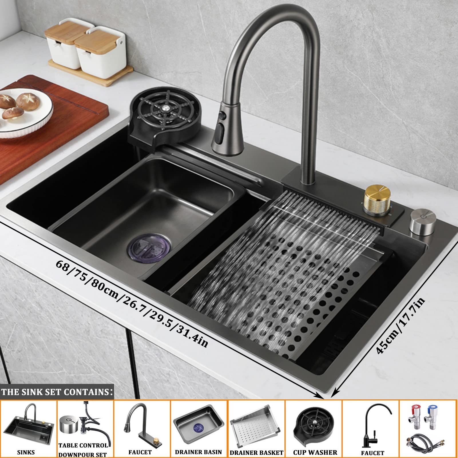 Earnmore Black Nano Kitchen Sink 304 Stainless Steel Waterfall Sink | Cyprus