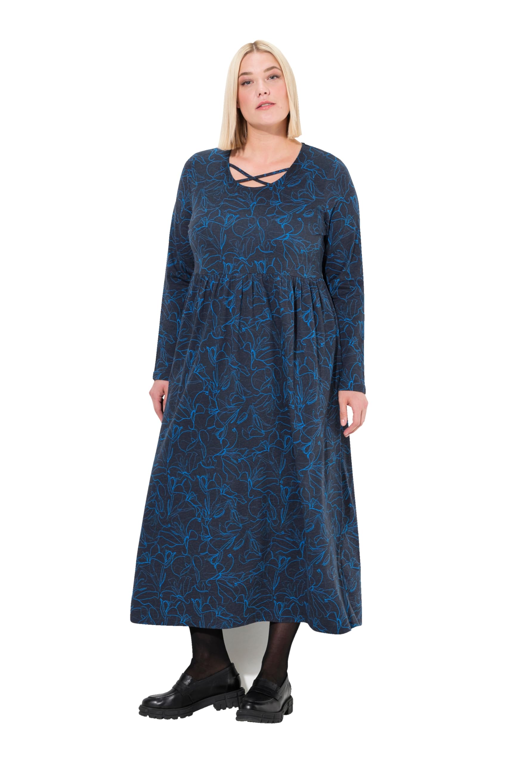 Ulla Popken Damen große Größen Übergrößen Plus Size Jersey-Midikleid, A-Linie, Zierbänder, Rundhals, Langarm 834162