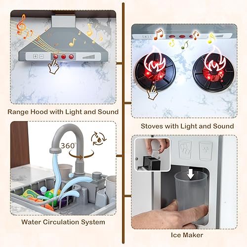 Miniatura 2 de Costzon Juego de cocina de esquina para niños, cocina de juguete de simulación con fregadero y grifo, sistema de circulación de agua, máquina de