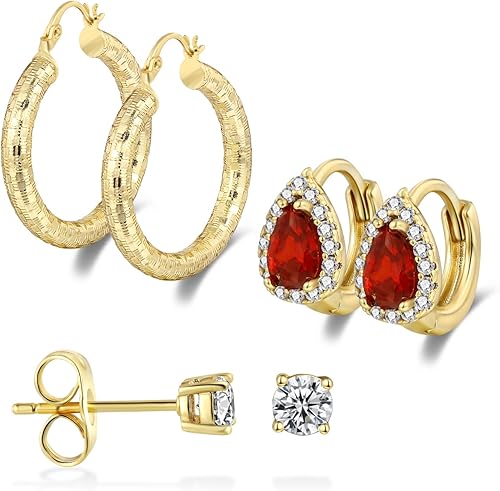 Aretes de aro chapados en oro amarillo de 18 quilates, con forma de corazón rojo y lágrima con circonita cúbica de corte de diamante, juego de