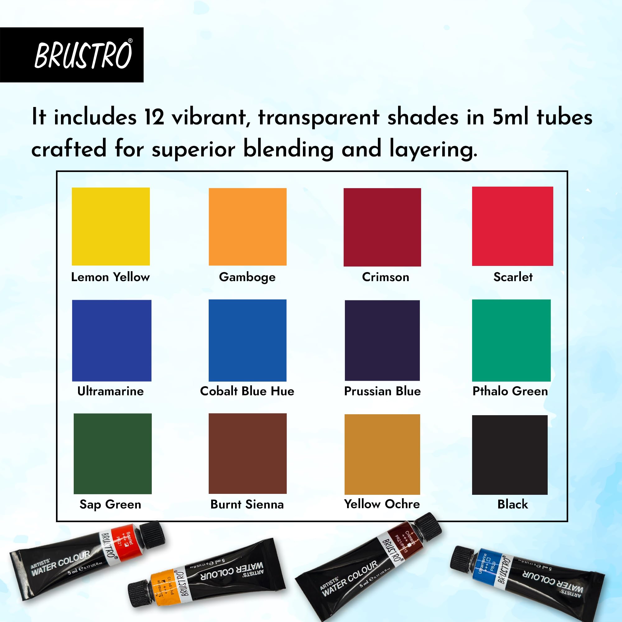 BRUSTRO Artist's Watercolour Paint |5ML Tubes Set of 12 Colours| Ideal for Landscape, Portrait, Paper, Painting, Artist, Professional Watercolor, Transparent Colors, Painting Dry & Wet, Fine Art 1