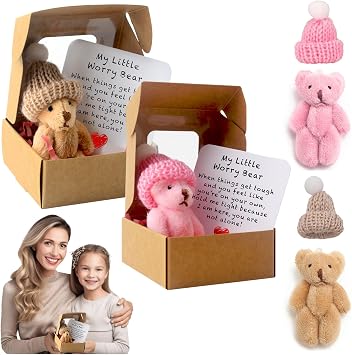 2 PCS Worry Bear Hug in a Box,My Little Worry Bear in a Box,Fluffie Stuffies Bears Doll Little Pocket Hug,Mini Teddy Bears,Positive Gift for Kids,Birthday,Good Luck,Thinking of You Gifts
