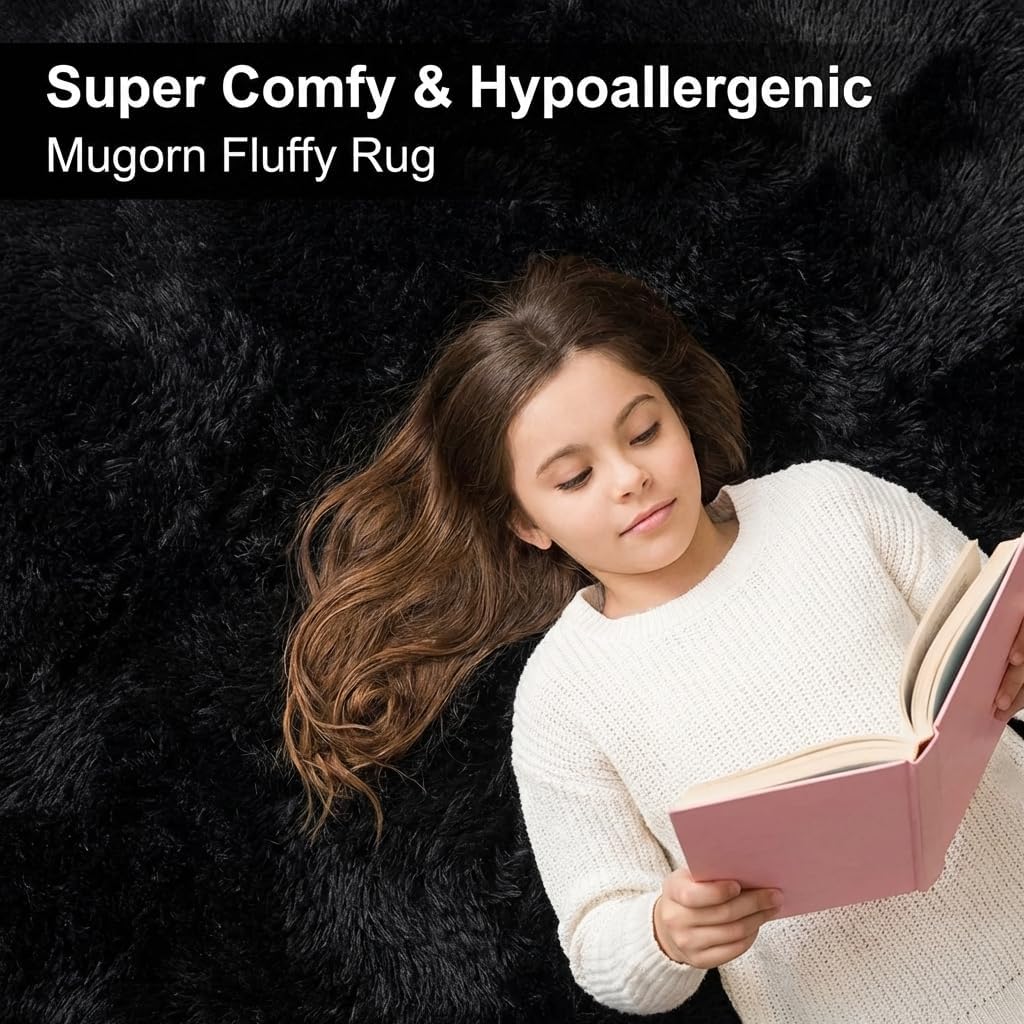 Mugorn Black Area Rugs 9x12 Living Room, Large Fluffy Rugs for Bedroom, Soft Carpet Shag Kids Room Rug, Non-Slip Fuzzy Rugs Indoor (9ft x 12ft, Black)