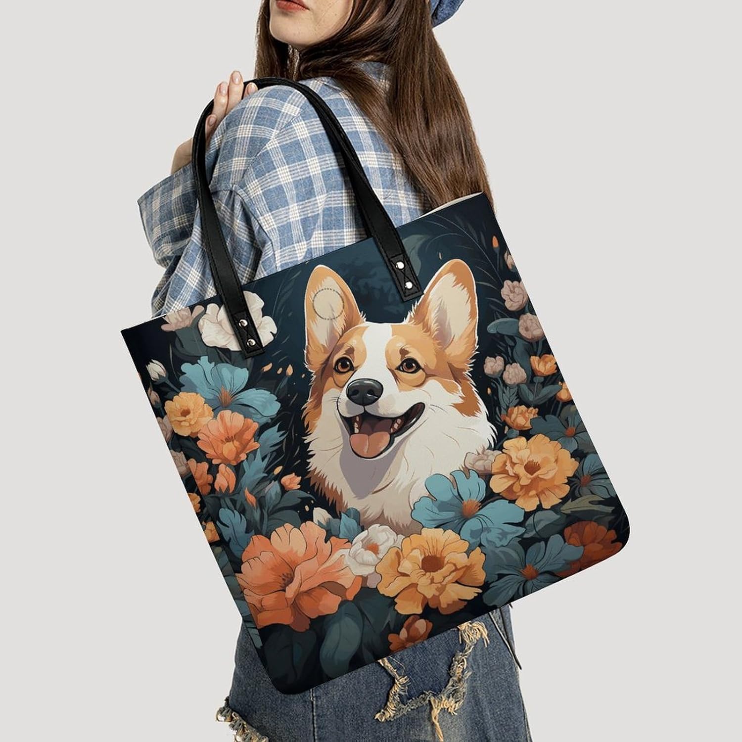 Corgi Pattern Tote Bag with Magnetic Buckle Reusable Grocery Bags Lightweight Cross Body Handbag for Daily Essentials