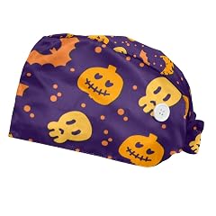 Halloween Pumpkin Specter 2 Pcs Unisex Working Cap with Button Bouffant Turban Cap Adjustable Hats Bouffant Hair Cover