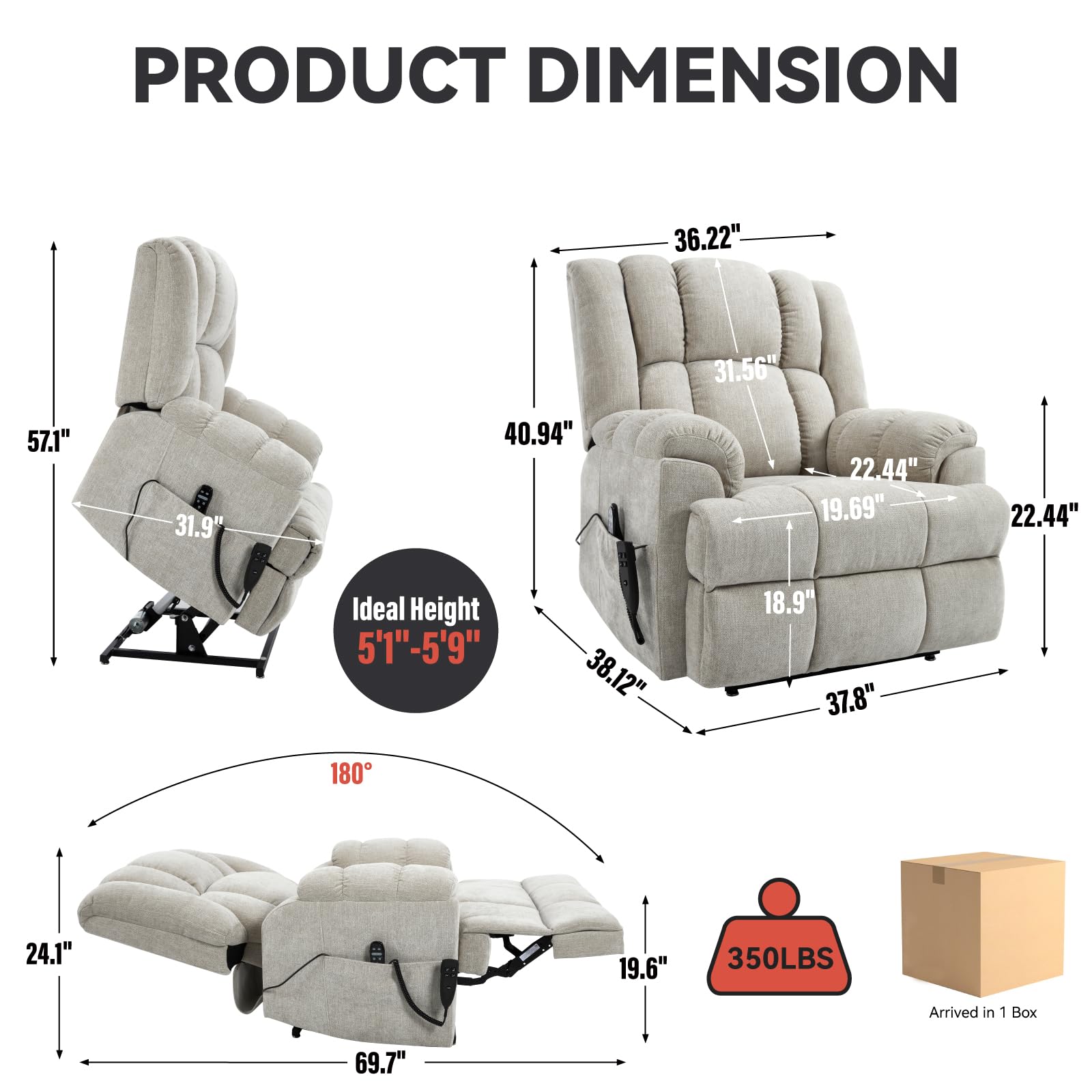 Dual Motor Heat Massage Infinite Position Up to 350 LBS Electric Power Lift Recliners with Power Remote, Medium Firm and Heavy Duty, Beige