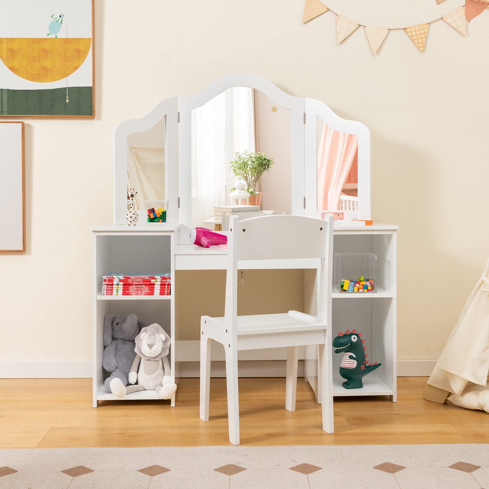 COSTWAY 2 en 1 Coiffeuse et Chaise Enfants avec Miroir Amovible à Trois Volets, Table de Maquillage Princesse avec 4 Compartiments de Stockage, 104x40x117cm pour Enfants de 3 Ans+…