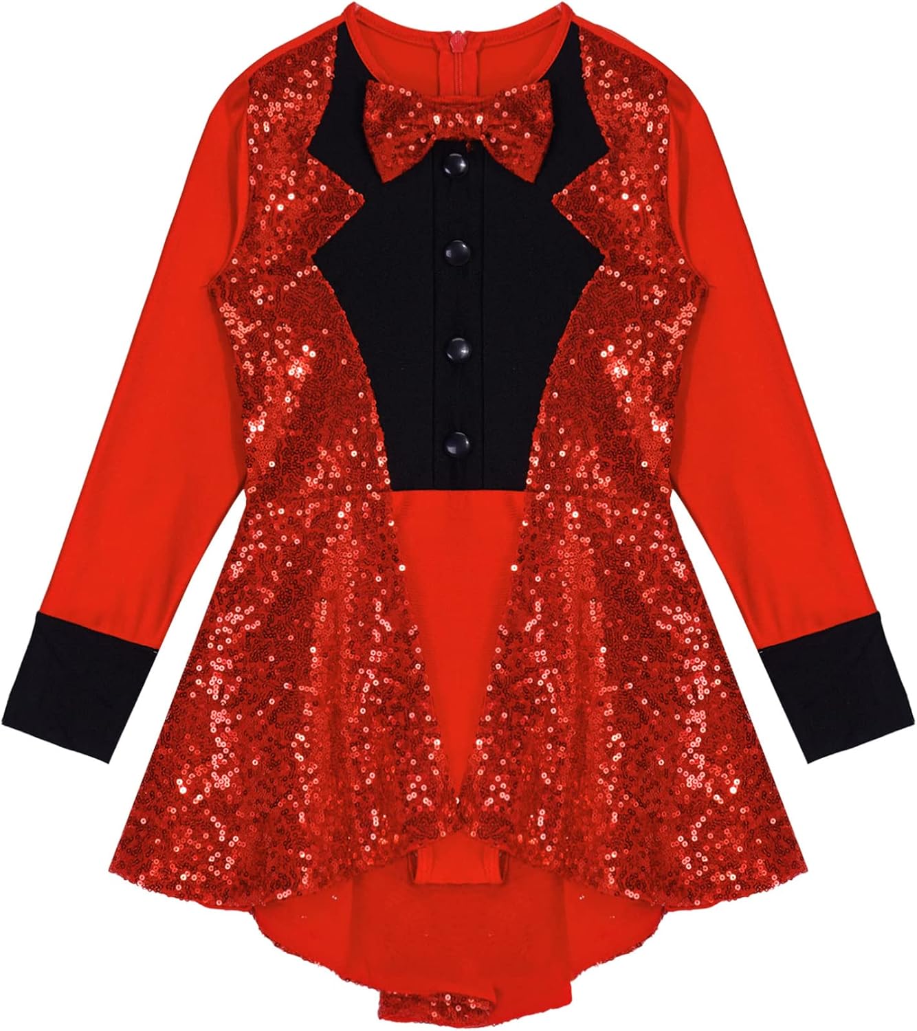 Girls Sequins Circus Ringmaster Costume Long Sleeve Skirted Leotard with Hat Magician Stage Performance Outfit