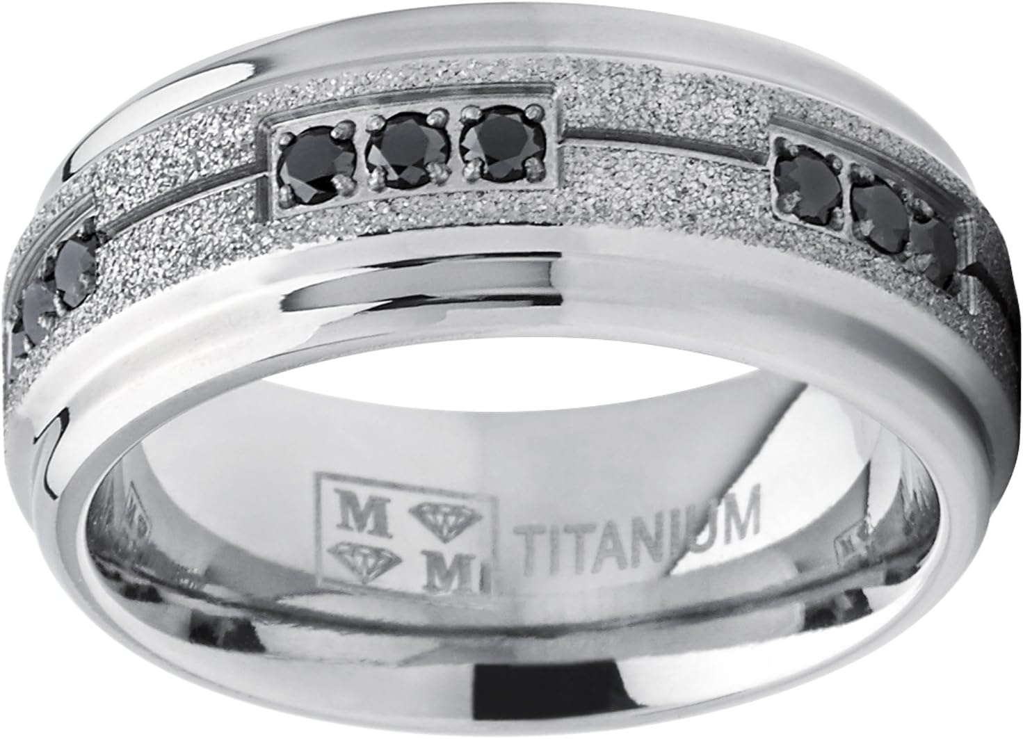 Men's Women's Titanium Black Trinity Cubic Zirconia Ring Wedding Band With Shimmer Finish 8mm Comfort Fit