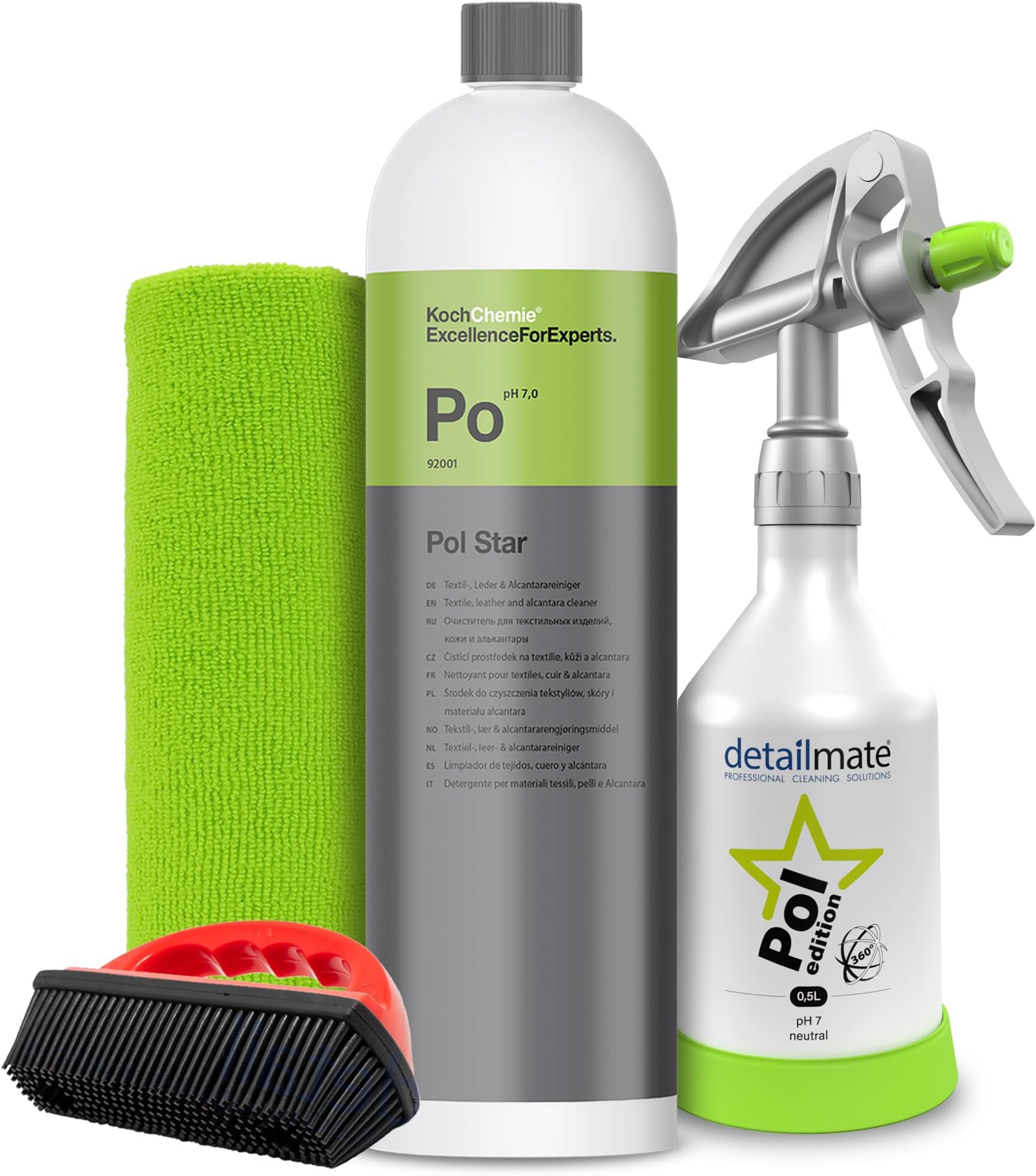interior cleaning set - Koch Chemie POL Star - textile, leather & alcantara cleaner 1 liter - Kwazar Super PRO+ 360 degree spray bottle 0,5L, micro fiber cloth 40x40cm - rubber brush