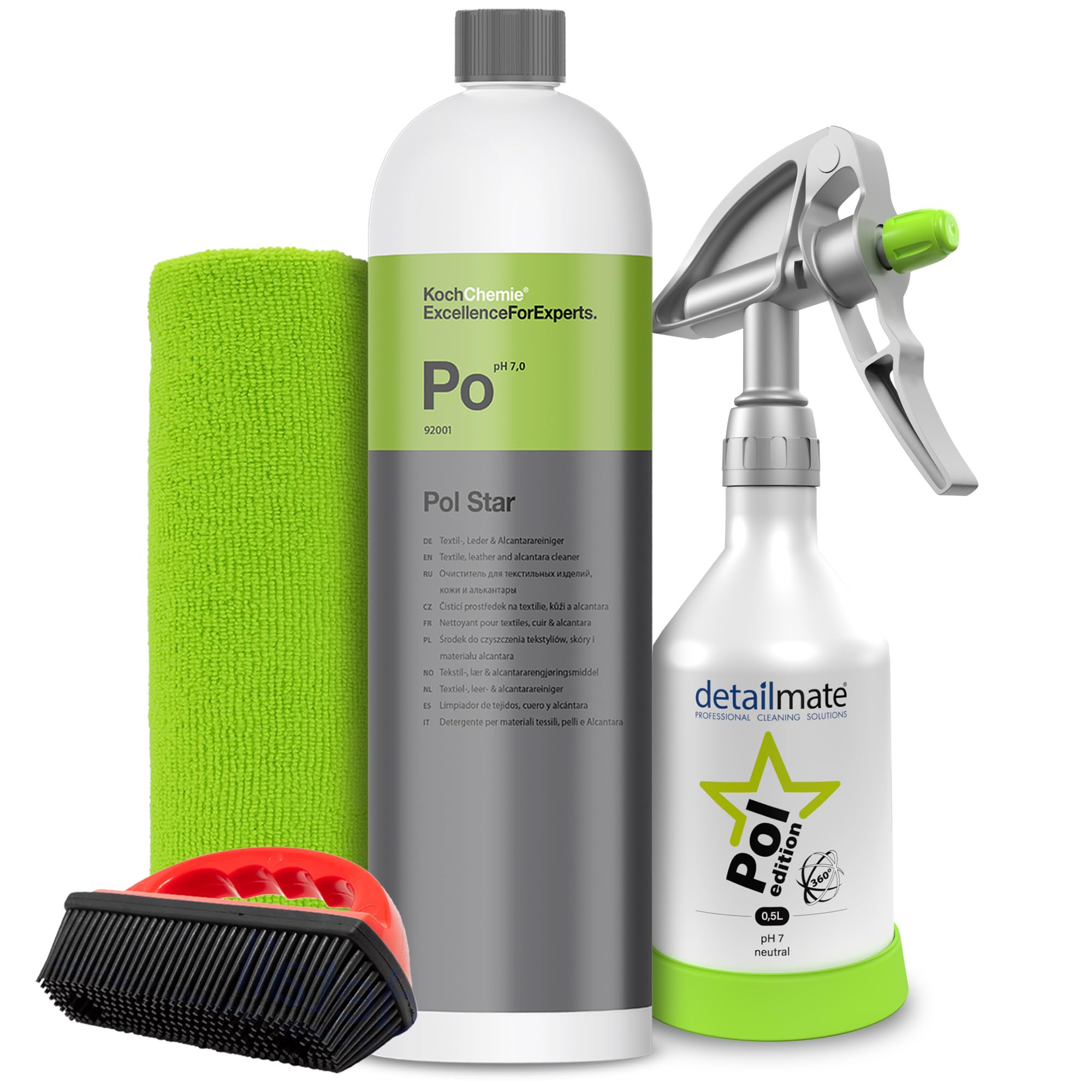 detailmate interior cleaning set - Koch Chemie POL Star - textile, leather & alcantara cleaner 1 liter - Kwazar Super PRO+ 360 degree spray bottle 0,5L, micro fiber cloth 40x40cm - rubber brush