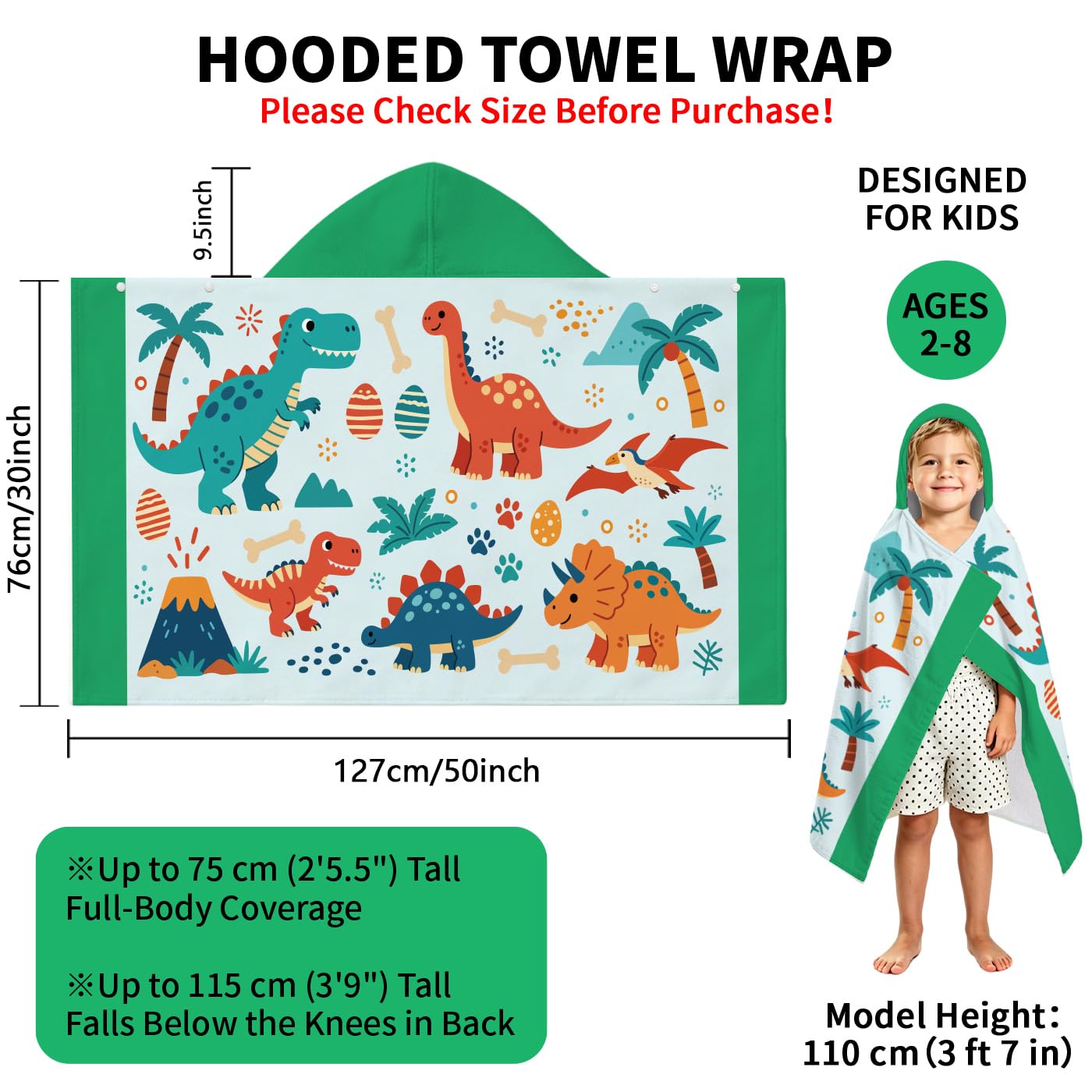 peacoblue Badeponcho Kinder Kapuzenhandtuch Dinosaurierwelt | Mikrofaser Kapuzenhandtuch 76x127cm für Kinder 2-8 Jahre, Schnell trocknend für Strand, Pool und Schwimmen