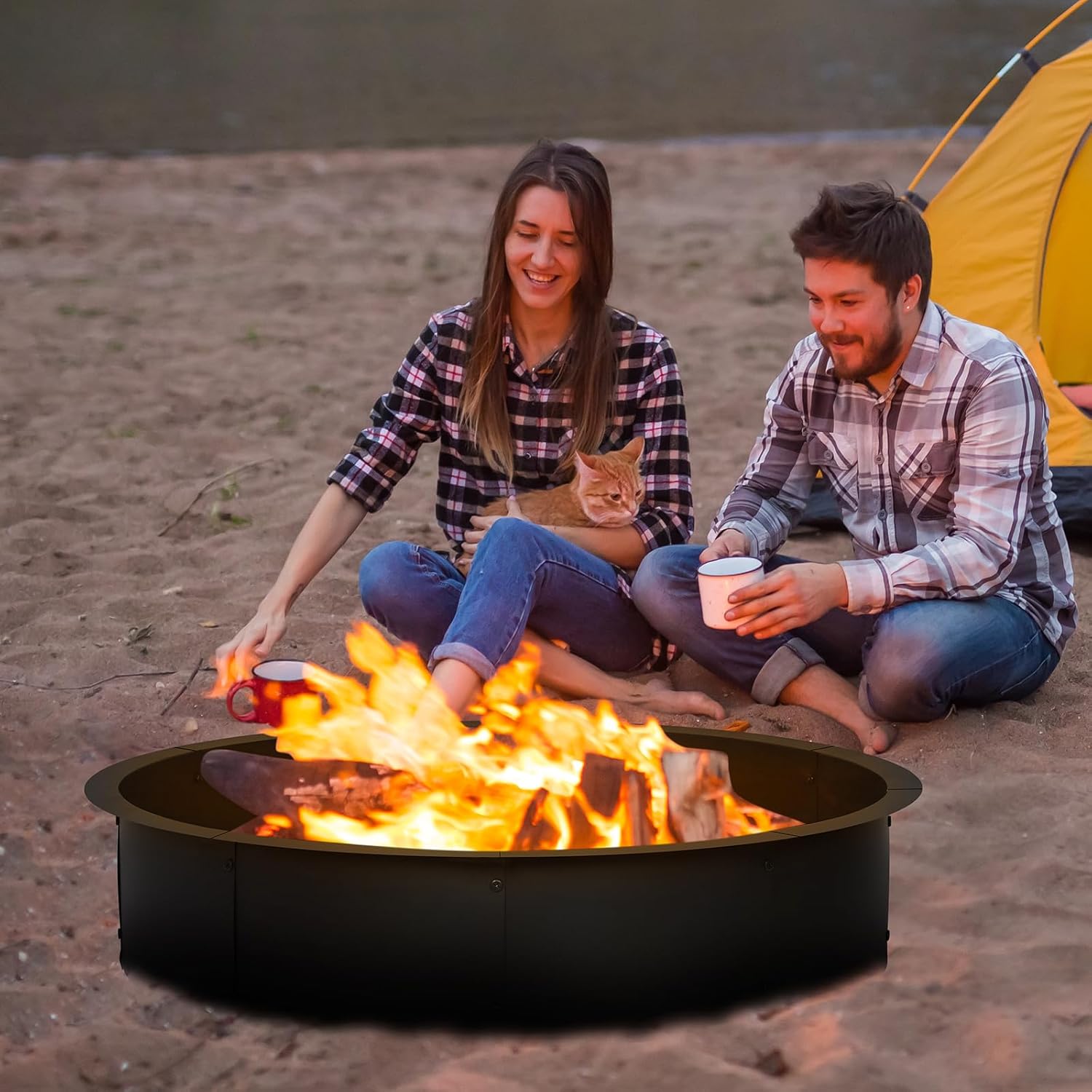42 Inch Fire Pit Ring Outdoor, Heavy Duty Steel Firepit Ring for Outside, Large Round Fire Pit Insert Camping Fire Ring Above or In-Ground Campfire Ring for Garden Backyard Patio