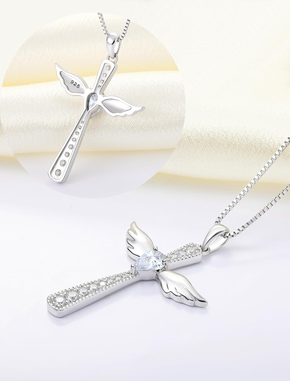 YL Cross Necklace 925 Sterling Silver Angel Wings Pendant Teardrop Birthstone Criss Jewelry for Women - Image 5