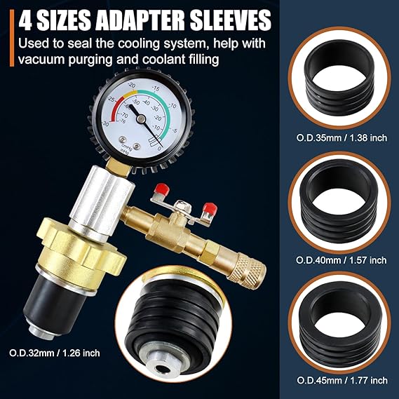 Automotive Radiator Coolant Vacuum Refill Tool Kit, Engine Cooling System Vacuum Purge & Fill Tool Set with Universal Adapters (O.D. 32mm 35mm 40mm 45mm) for Car SUV Truck Airlift, Black Case