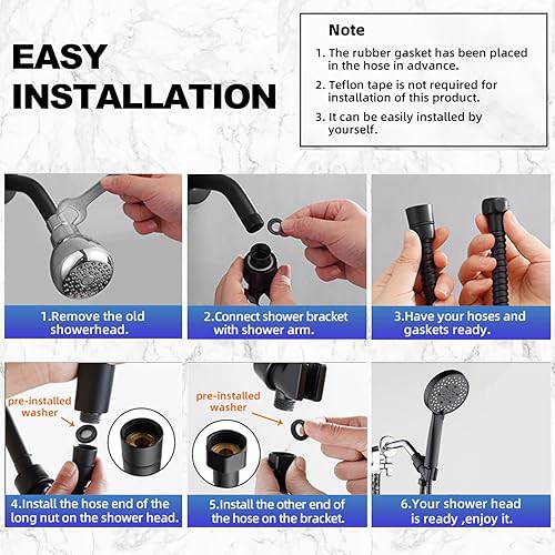 Miniatura 6 de Ducha de mano de alta presión potente 5 modos de pulverización ahorro de agua ángulos ajustables 6.6 pies manguera de acero inoxidable cabezal de