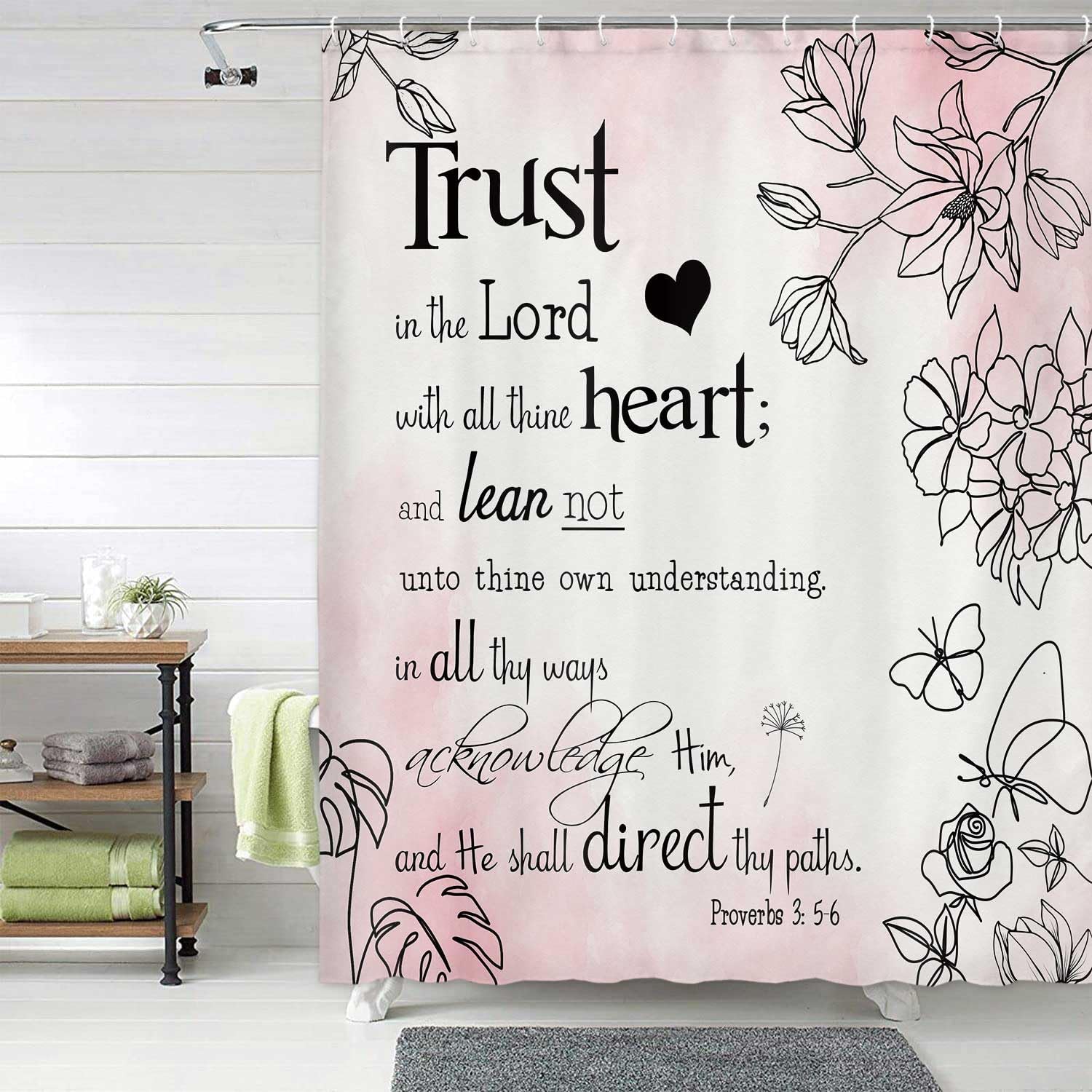 Wathon Tenda Da Doccia Con Versetti Biblici 183x183 Cm: Stampa Botanica 'Jesus Loves You', Set Con 12 Ganci, In Poliestere Impermeabile, Blu