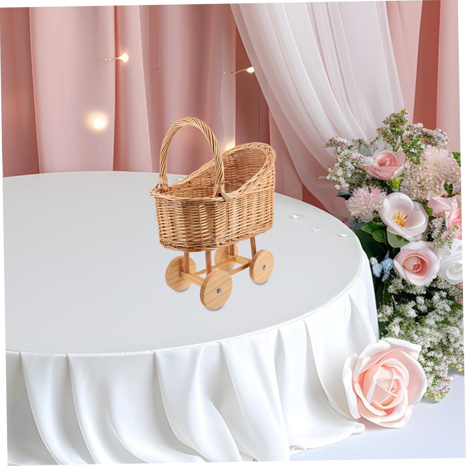 Woven Rattan Carriage Elegant Floral Basket for Wedding Shower Decorations Vintage Inspired Party Favor Basket Lightweight Spacious Design Light Brown