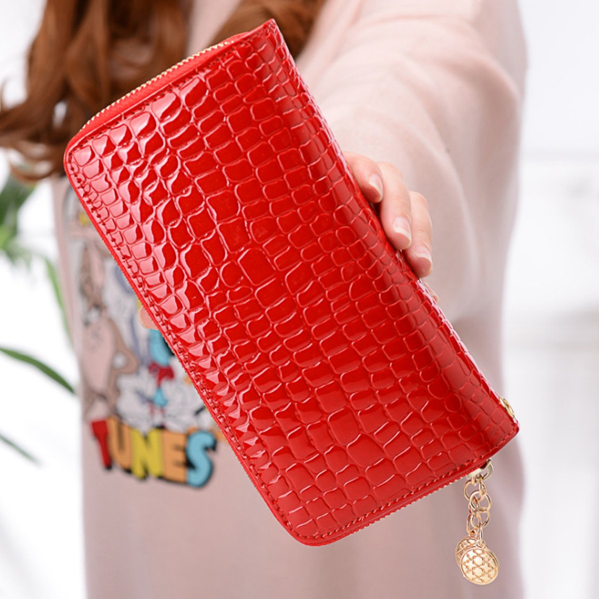 Aisi Cartera de piel de charol para mujer, organizador de tarjetas para teléfono, Rojo, Talla única, Cartera de mano