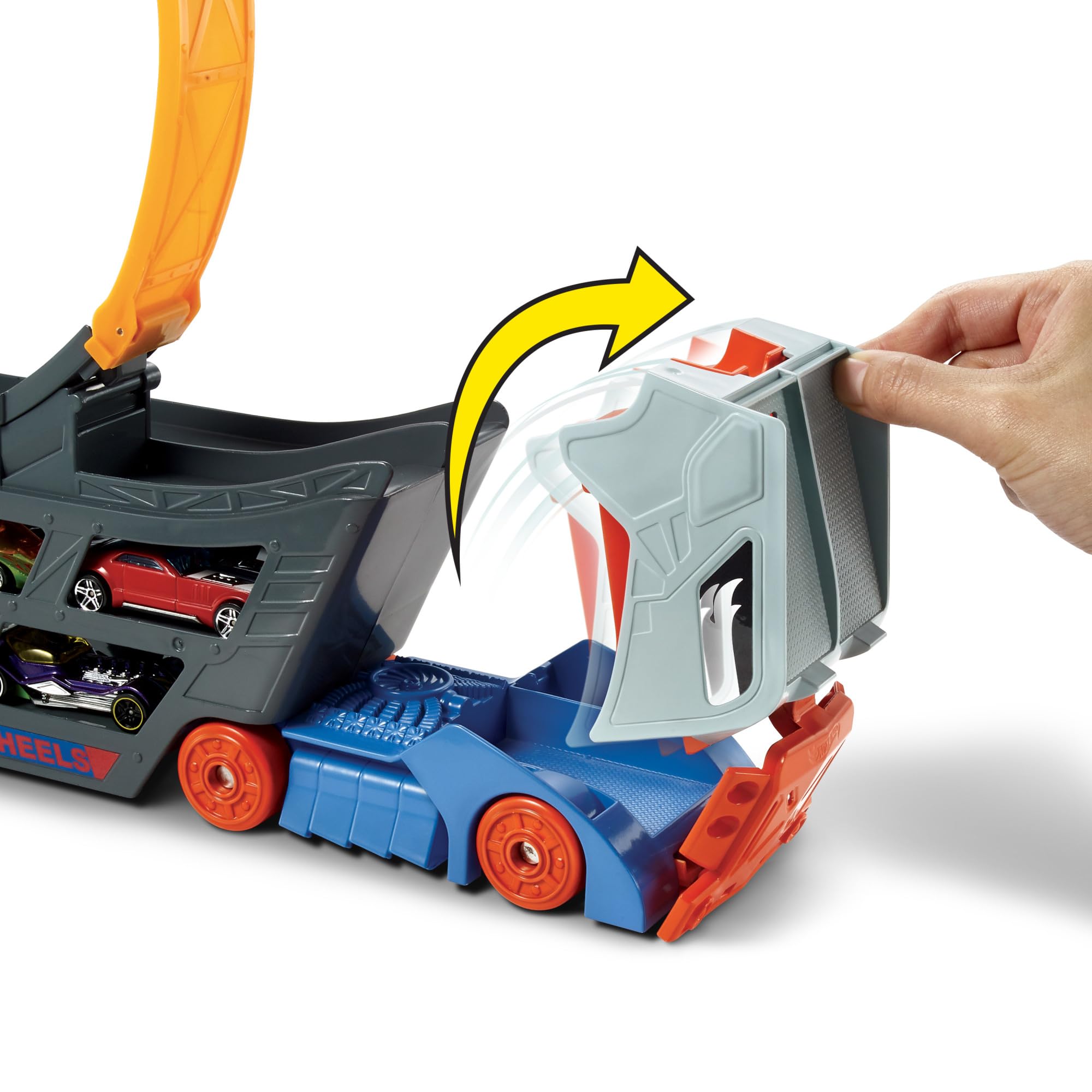 Zestaw Hot Wheels z ciężarówką transportową, dużą pętlą ze składaną wyrzutnią, miejscem dla 18 metalowych pojazdów w skali 1:16, dla dzieci powyżej 3 roku życia, GCK38