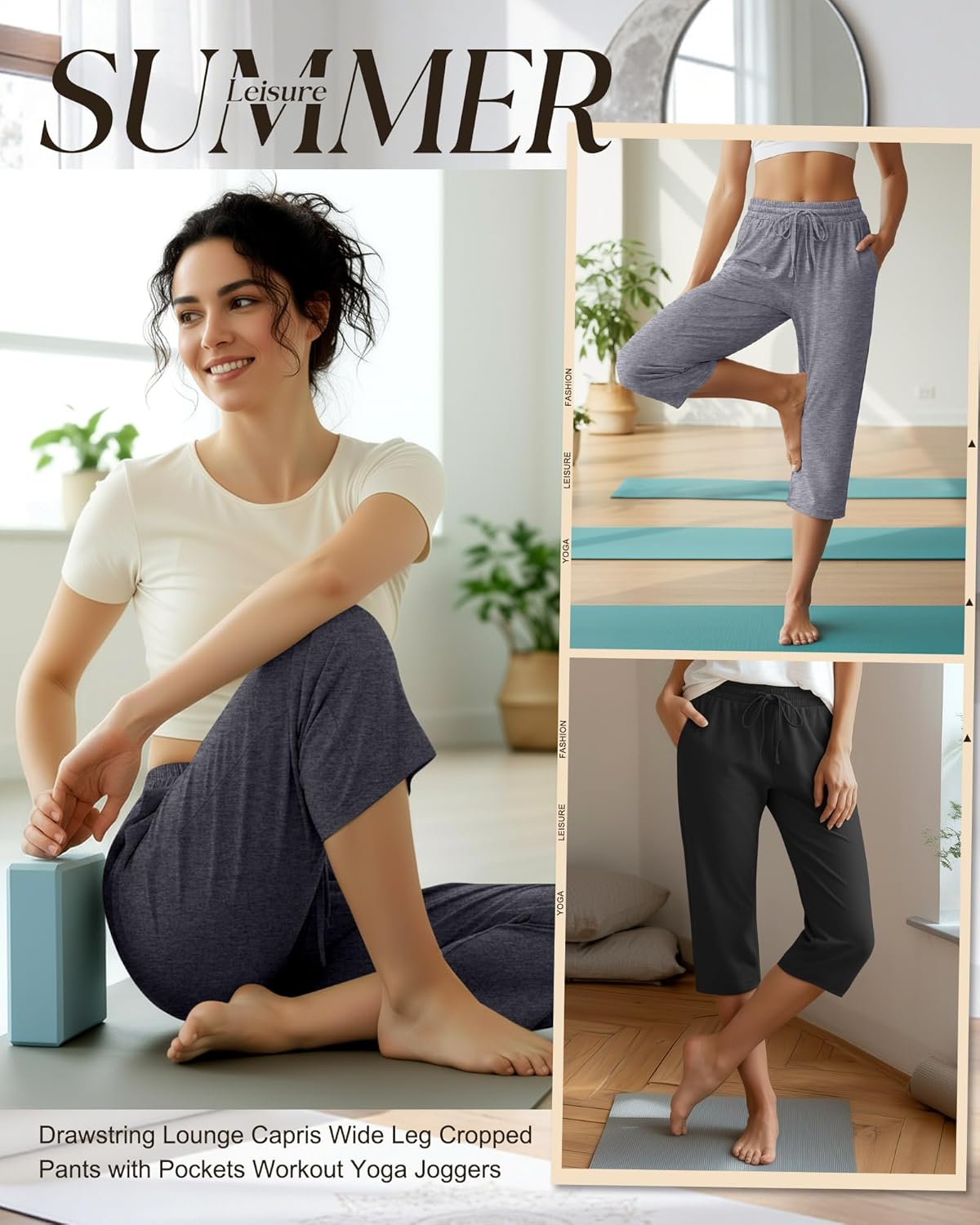 Huukeay 3 Pack Women's Capri Pants, Drawstring Lounge Capris Wide Leg Cropped Pants with Pockets Workout Yoga Joggers - Image 5