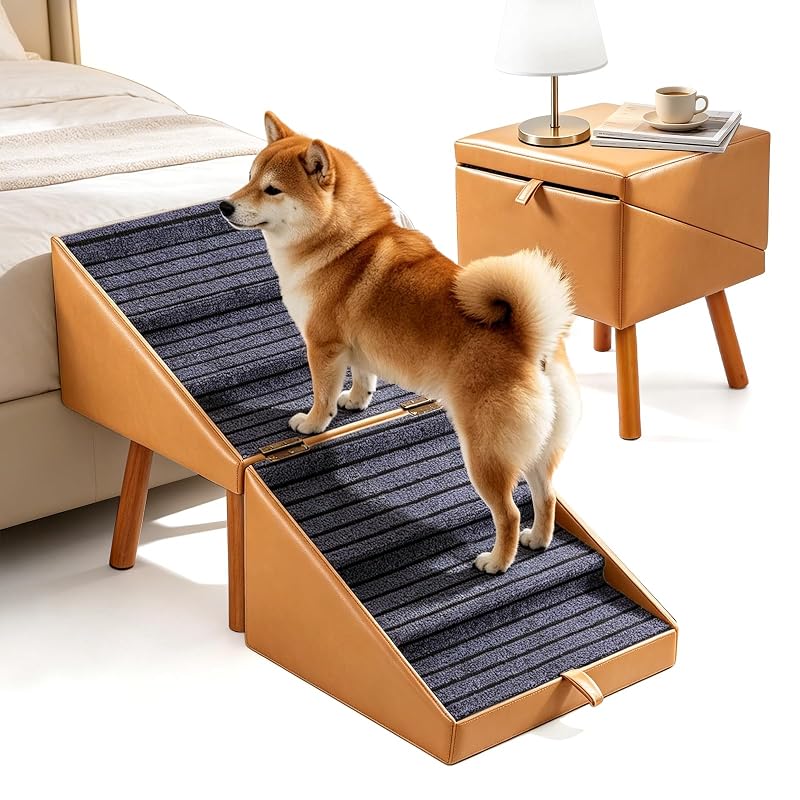 Escada dobrável para cães para cama alta, 2 em 1 com mesa lateral em couro sintético Ziluce Amber Camel XXL – 53,49 cm