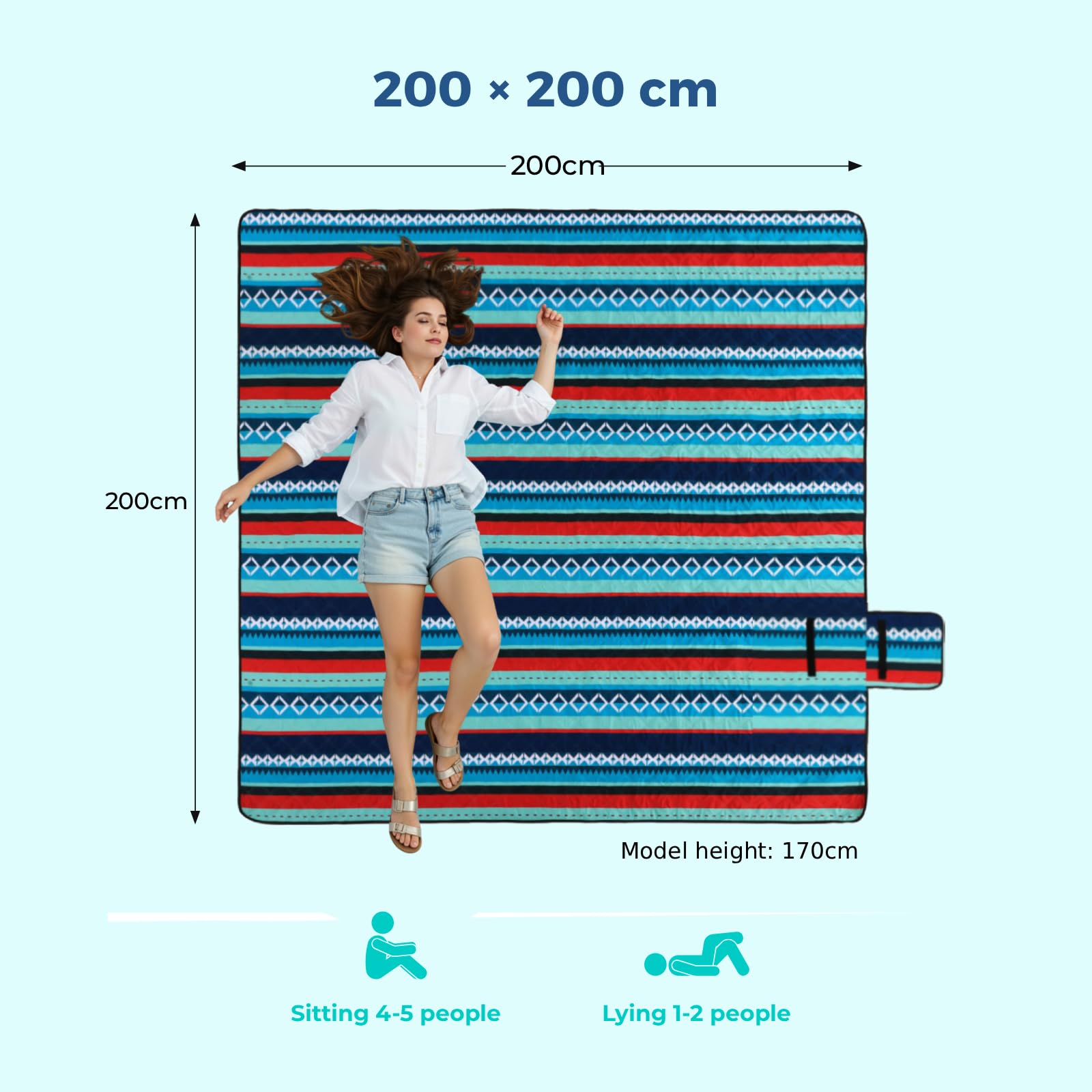 Liferun 200x200cm Manta de Picnic XL Lavable a Máquina – Extra Grande Plegable Manta de Picnic para 4-5 Personas, Manta de Playa y Manta de Camping con Asa, Verde Rayado