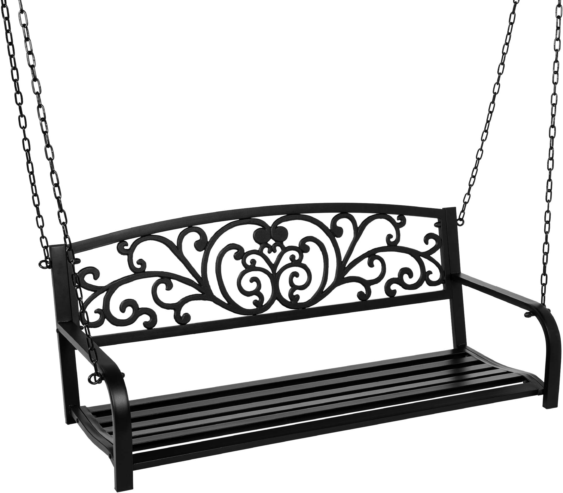 Best Choice Products 2-Person Metal Outdoor Porch Swing, Hanging Steel Patio Bench for Garden Deck w/Floral Accent, 485lb Weight Capacity - Black
